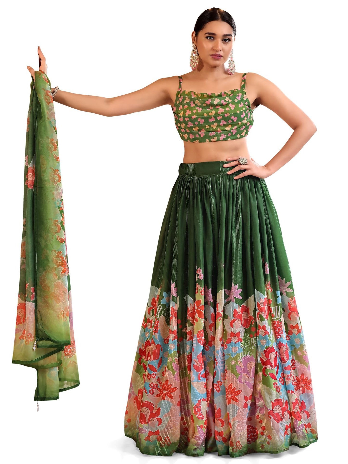 PURVAJA Women Georgette Semi-Stitched Lehenga Choli Set (Viana-Green Free Size)