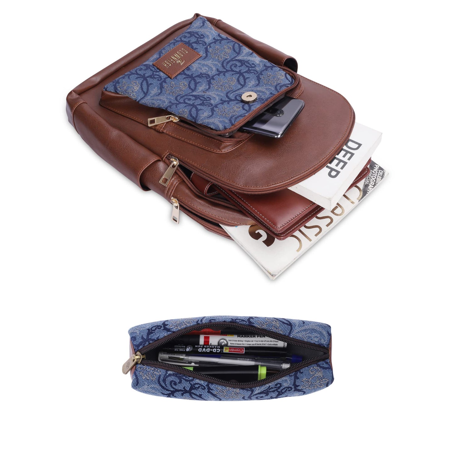 THE CLOWNFISH Combo Of Minerva Faux Leather & Tapestry Women's Backpack College School Girls Bag Casual Travel Backpack For Ladies & Expert Series Pencil Pouch Pen Case (Blue-Floral), 10 Litres