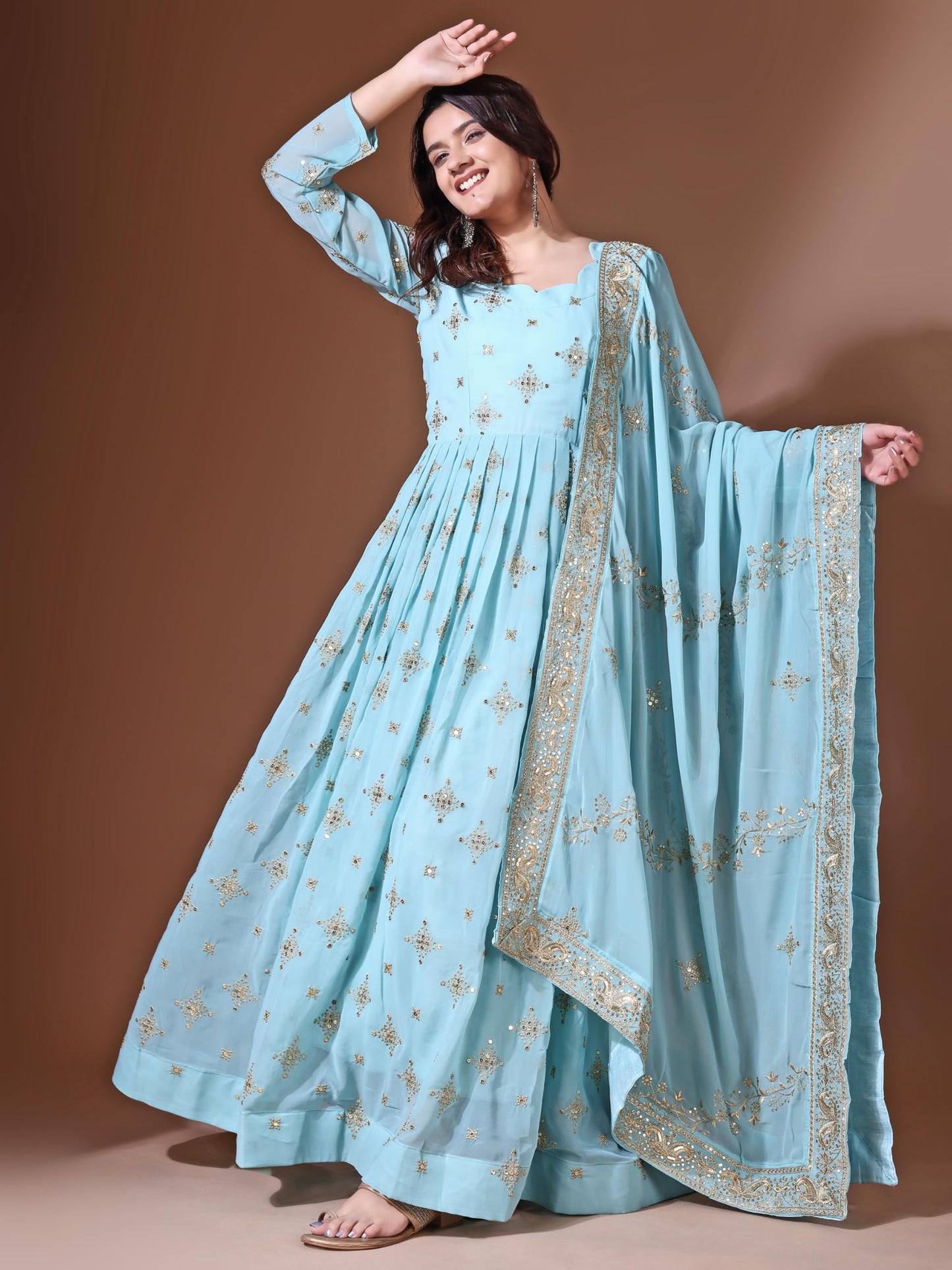 Fashion Basket Georgette Sequins Long Dress for Women (in, Alpha, 2XL, Regular, SKU Blue)