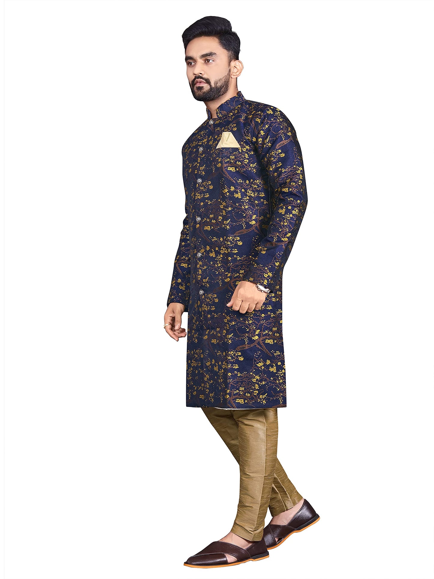 N.B.F Fashion Cotton Mens Casual Style Ethnic Wear Indo Western Set (Xx-Large, Royal Blue Yellow)