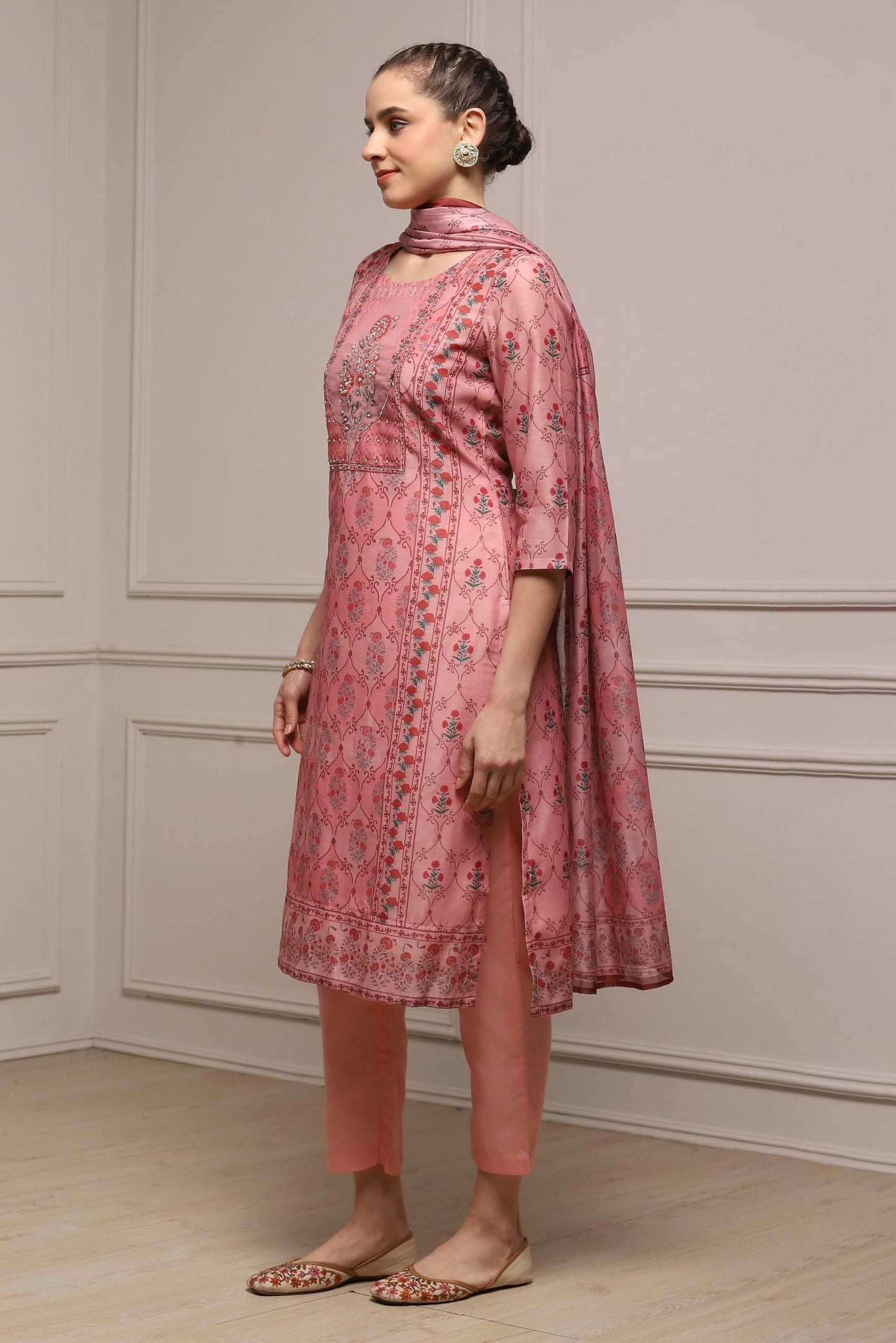 Biba Women Pink Chanderi Blend Printed Embroidered Unstitched Suit Set_FREE SIZE