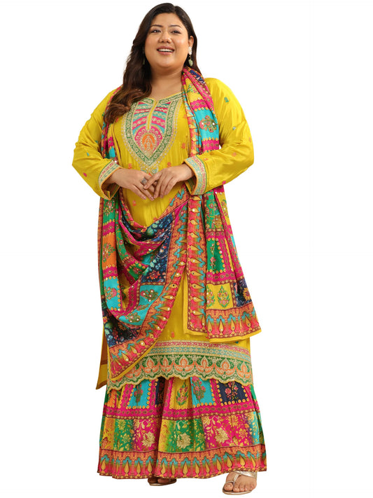 Extra Love By Libas Mustard Embroidered Silk Blend Straight Kurta Sets for Women