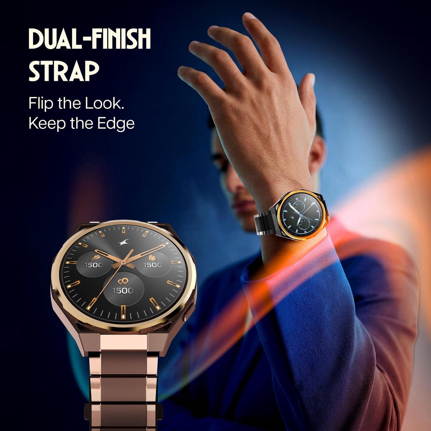 Fastrack Marvellous FX3 Smartwatch with 1.43” AMOLED Display, Metal Case & Strap, Slim 10.4mm Design, AI Watchfaces, BT Calling, HRM, SpO2 & Sleep Tracking, IP68, Additional Silicone Strap - Black