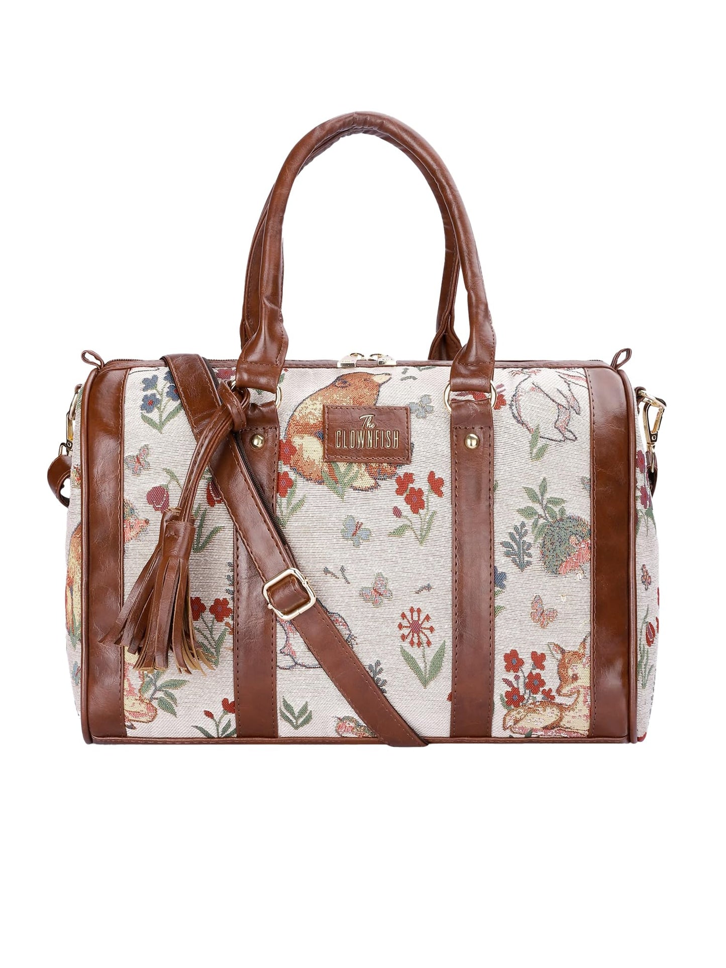 THE CLOWNFISH Lorna Tapestry Fabric & Faux Leather Handbag Sling Bag for Women Office Bag Ladies Shoulder Bag Tote For Women College Girls (White-Animal Print)