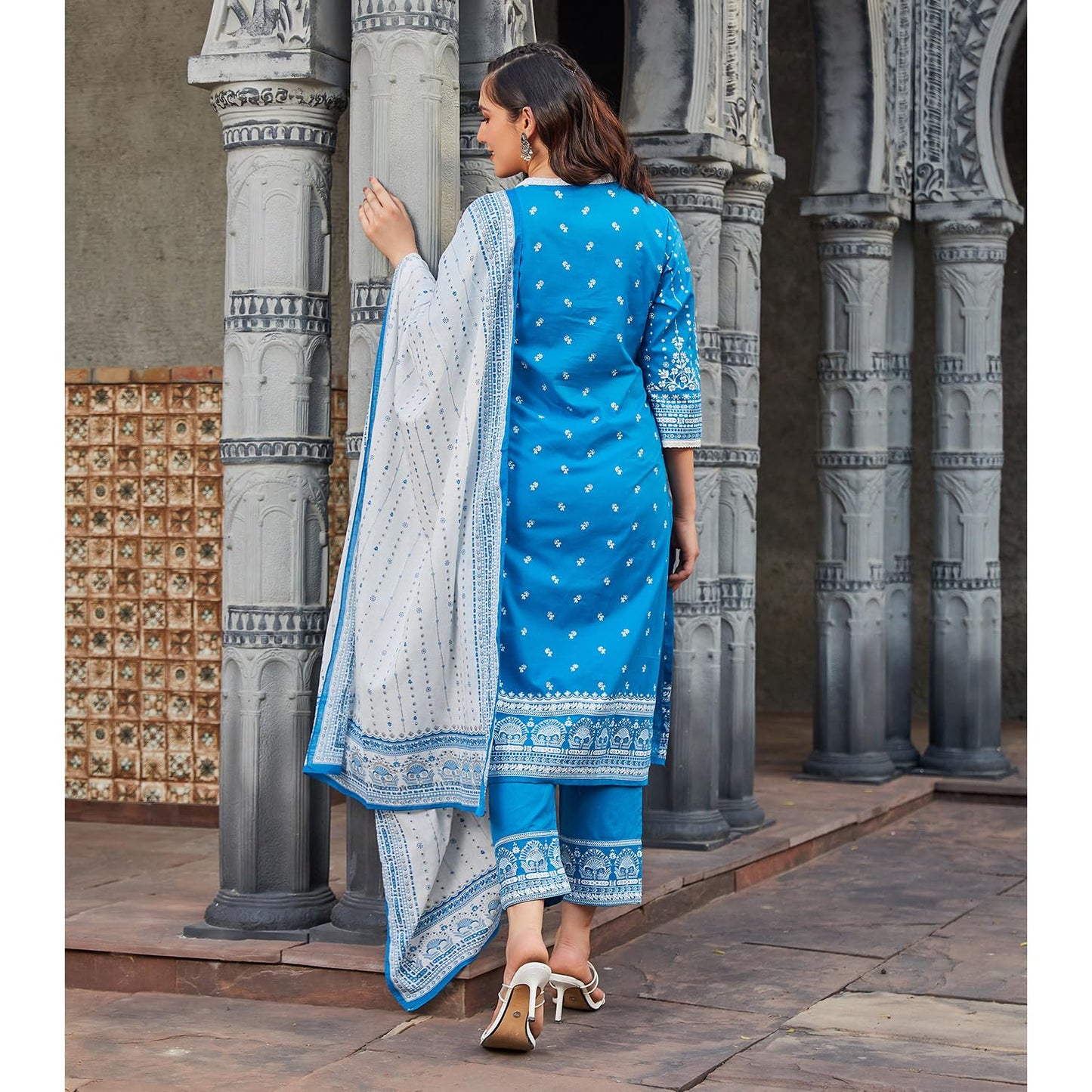 BIBA Women Cotton Straight Printed Suit Set (SKDSHWETSAGA9572SS24BLU_Blue