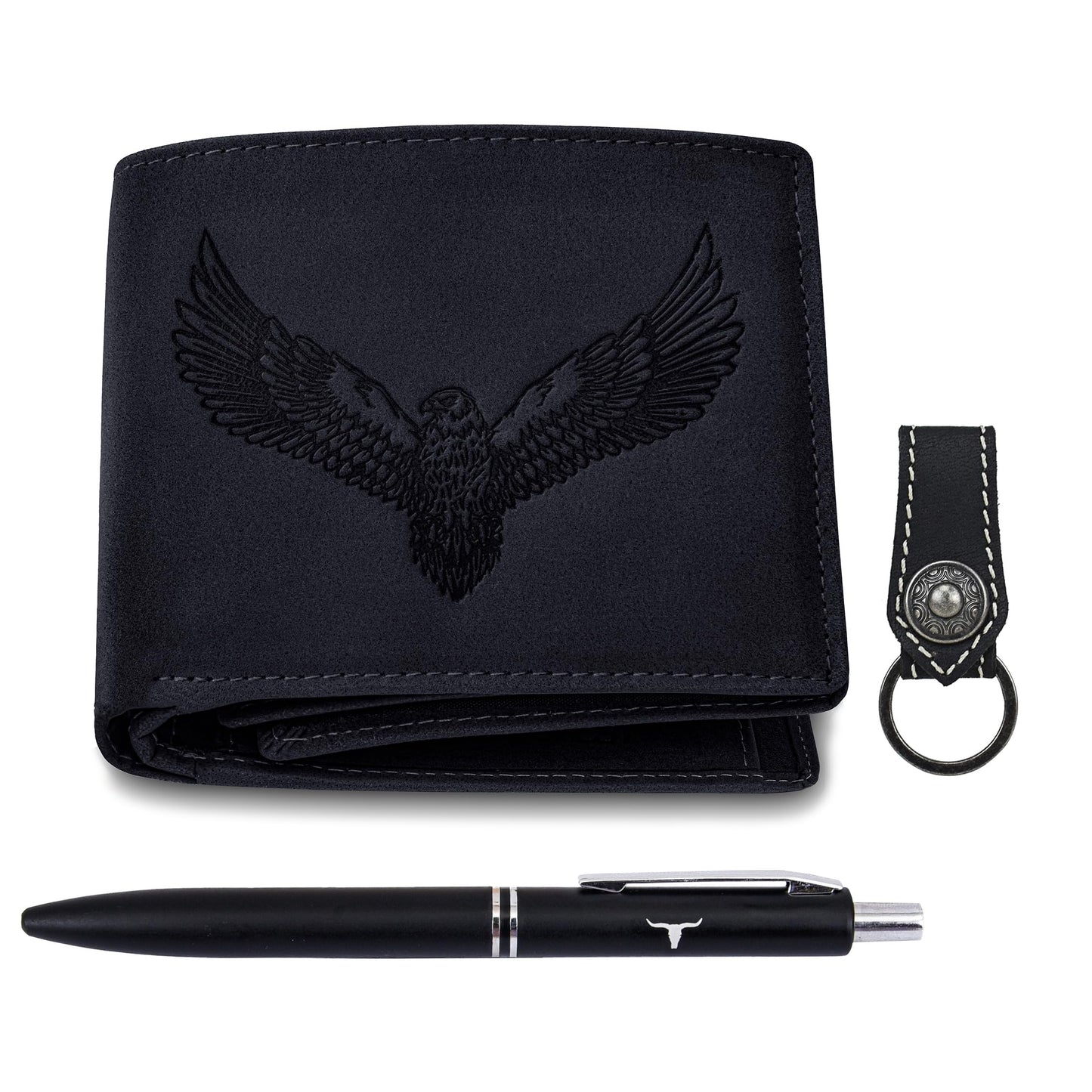 URBAN FOREST Zev Vintage Black Leather Wallet, Black Pen & Keychain Combo Gift Set for Men