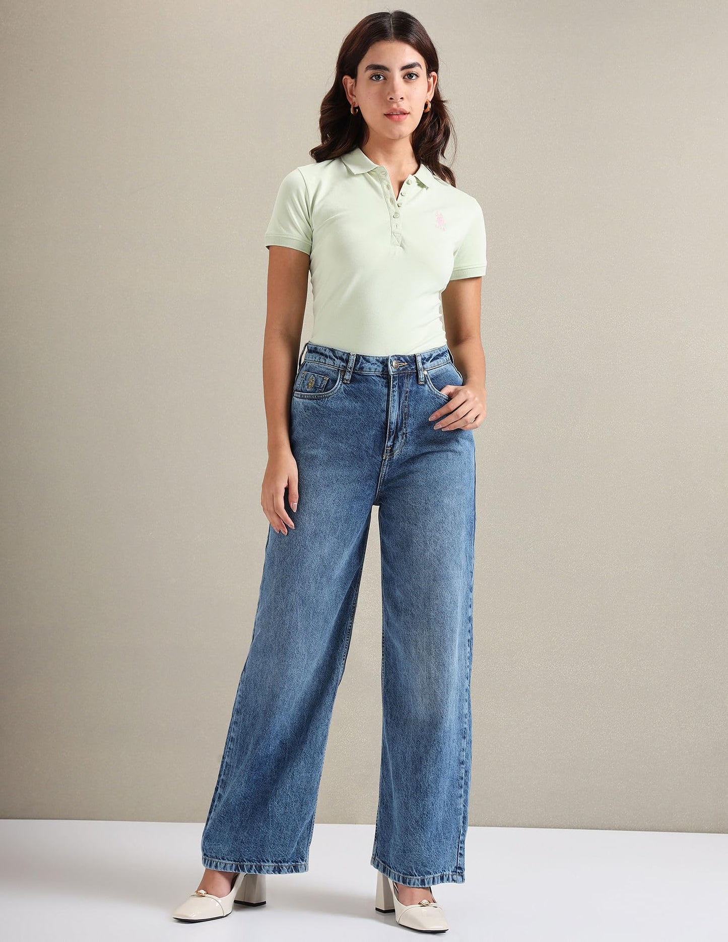 U.S. POLO ASSN. Women's Wide Leg Mid Rise Jeans (UWAW23JN048_Blue_32)
