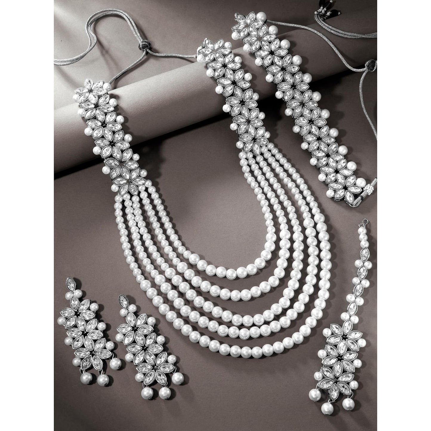 Peora Silver Plated Crystal & Beads Studded Bridal Short & Long Necklace Earrings Maangtikka Jewellery Set for Women
