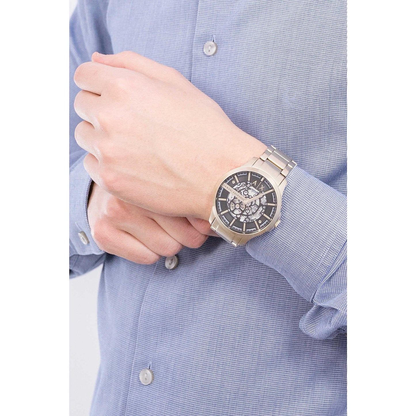 Armani Exchange Men's Automatic Three-Hand, Stainless Steel Watch, 46mm case Size, Gold, 46mm, Bracelet, Gold, 46mm, bracelet