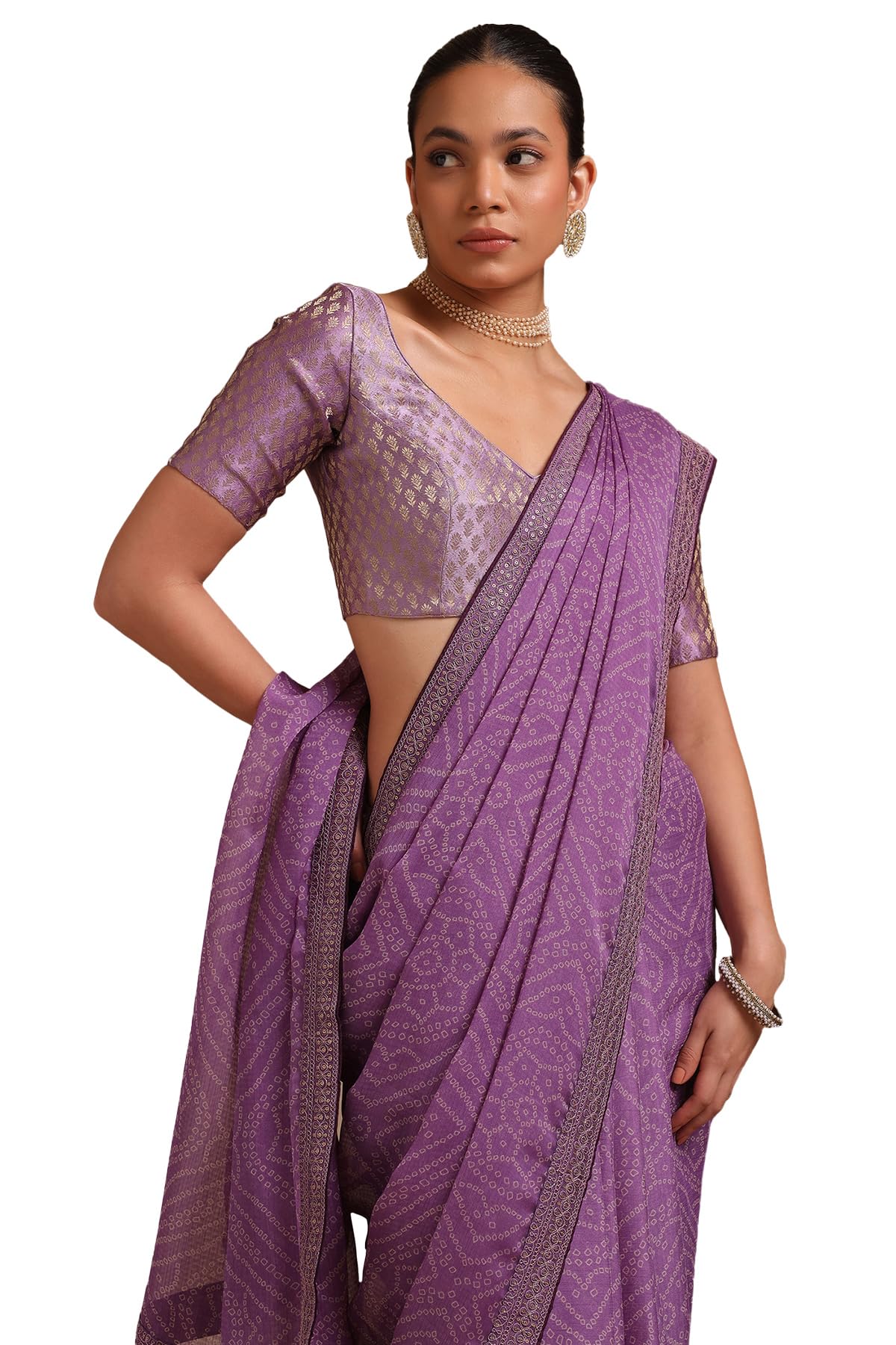 Soch Womens Lavender Chiffon Bandhani Print Saree