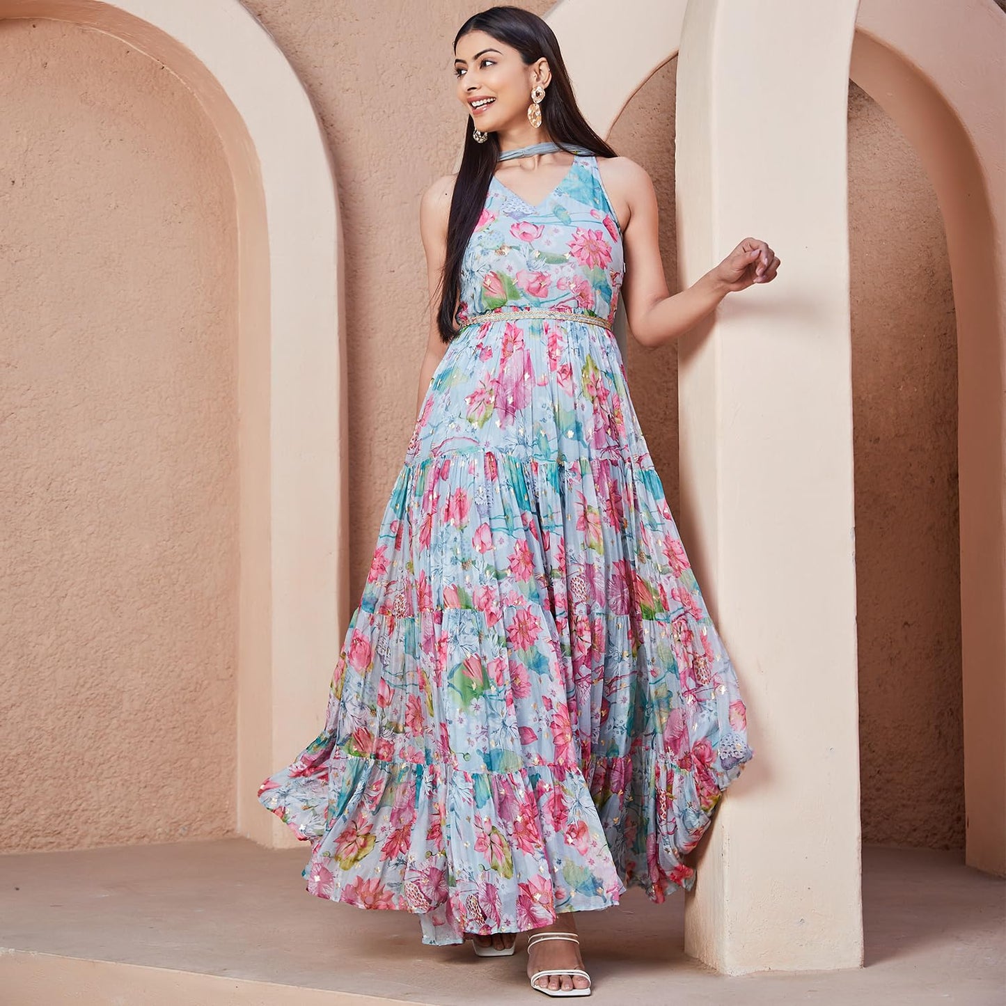 BIBA Women Cotton Anarkali Printed Dress(SKD9665_2XL_Grey)