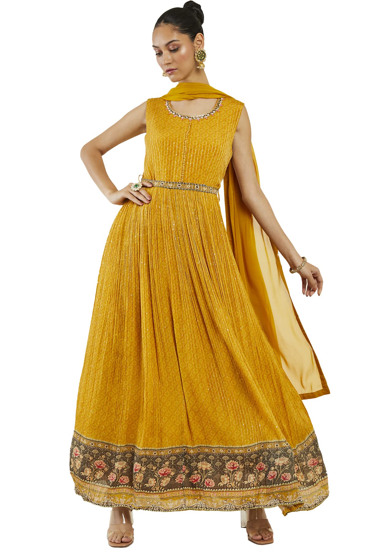 Soch Women Yellow Georgette Embroidered Gown (Yellow_XL)