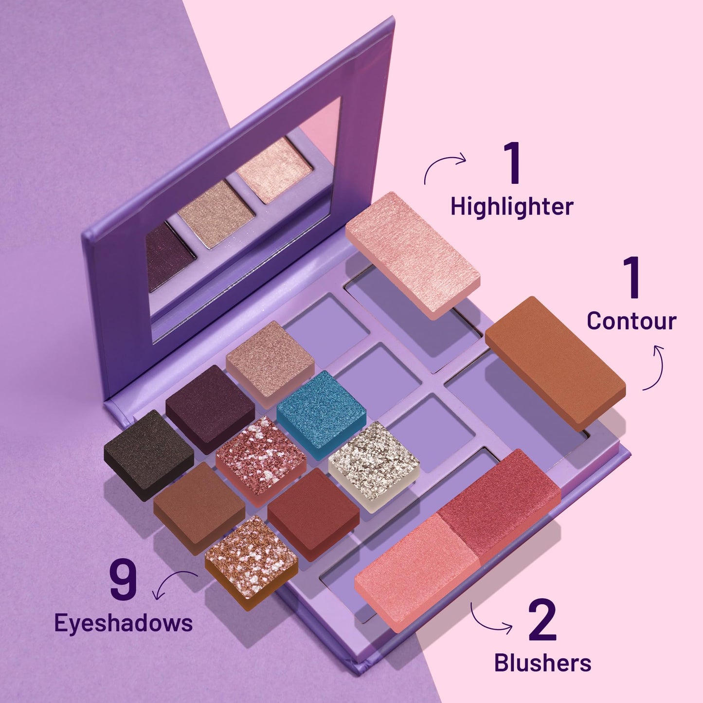 Swiss Beauty Take Me Anywhere Face and Eye Palette | 9 Eyeshadow shades, 2 blushers, 1Contour, 1 Highlighter | Highly pigmented, Blendable Mattes and Metallic shades | Shade- Day Off, 12g