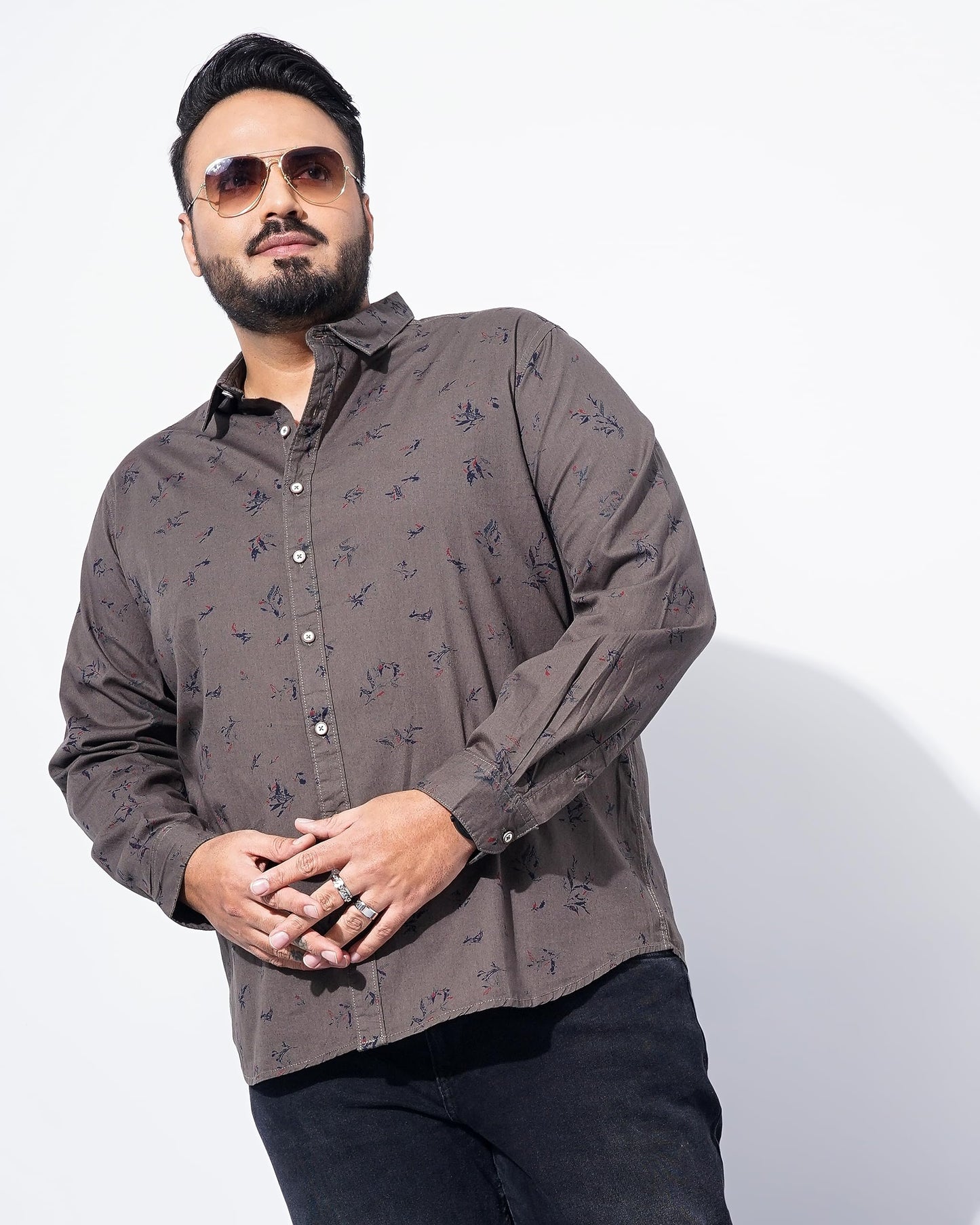 The Indian Garage Co Men Olive Floral Plus Size Cotton Casual Shirt