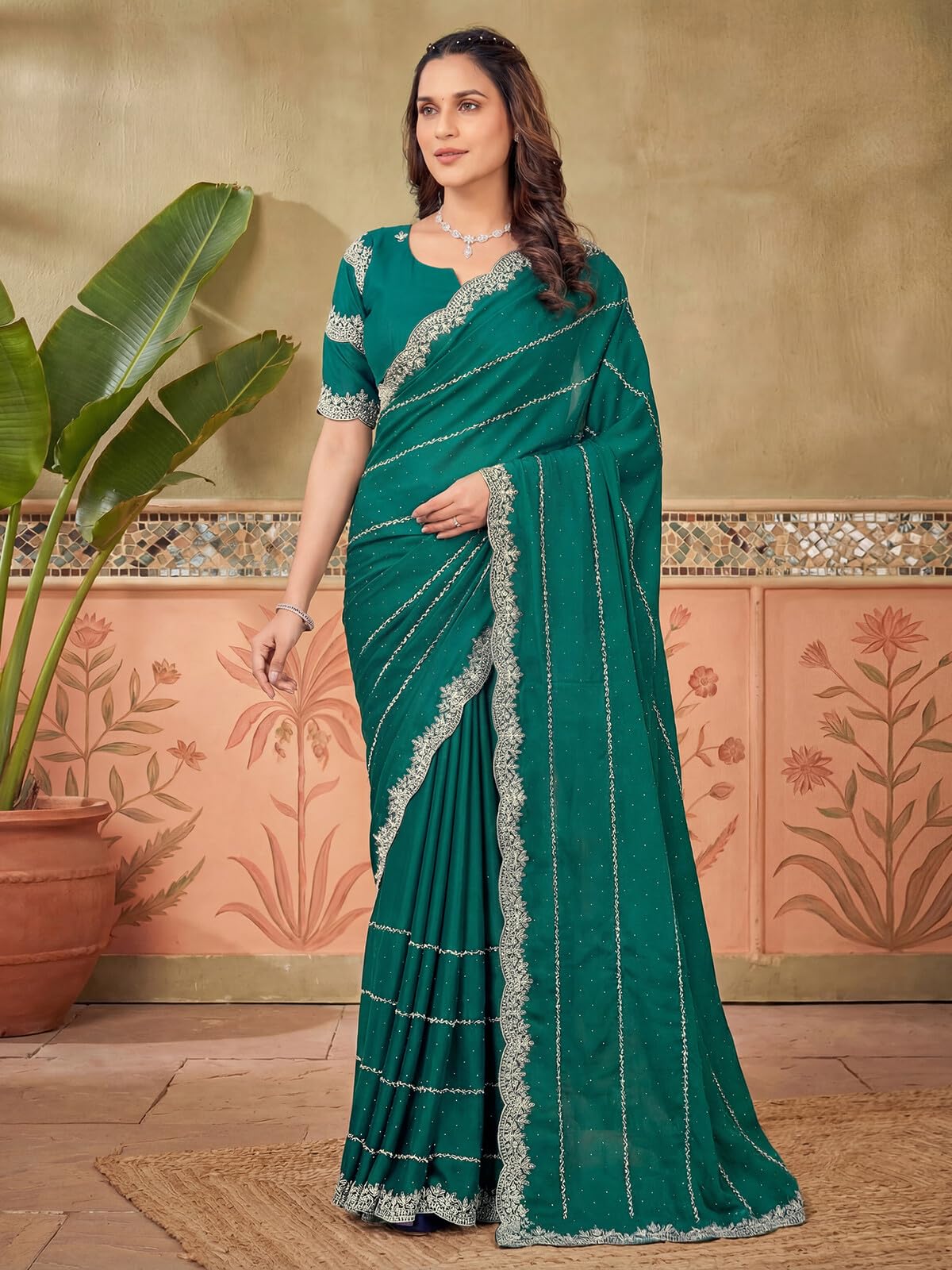 SIRIL Women's Shimmer Georgette Scalloped Border Stone Work Embroidery Saree with Unstitched Blouse Piece (4925S612A_Teal Green)