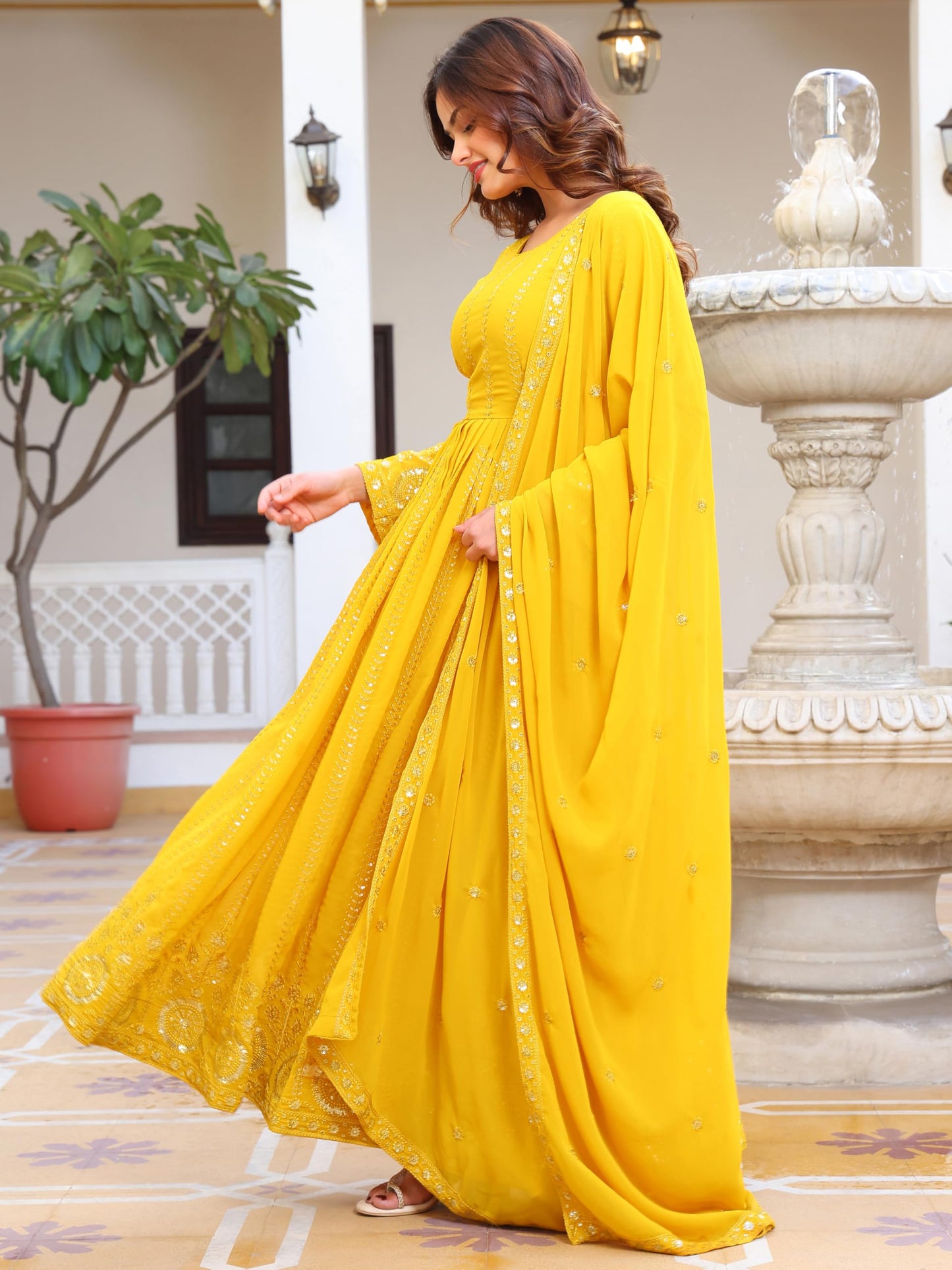 Fashion Basket Embroidered Anarkali Dress for Women Yellow