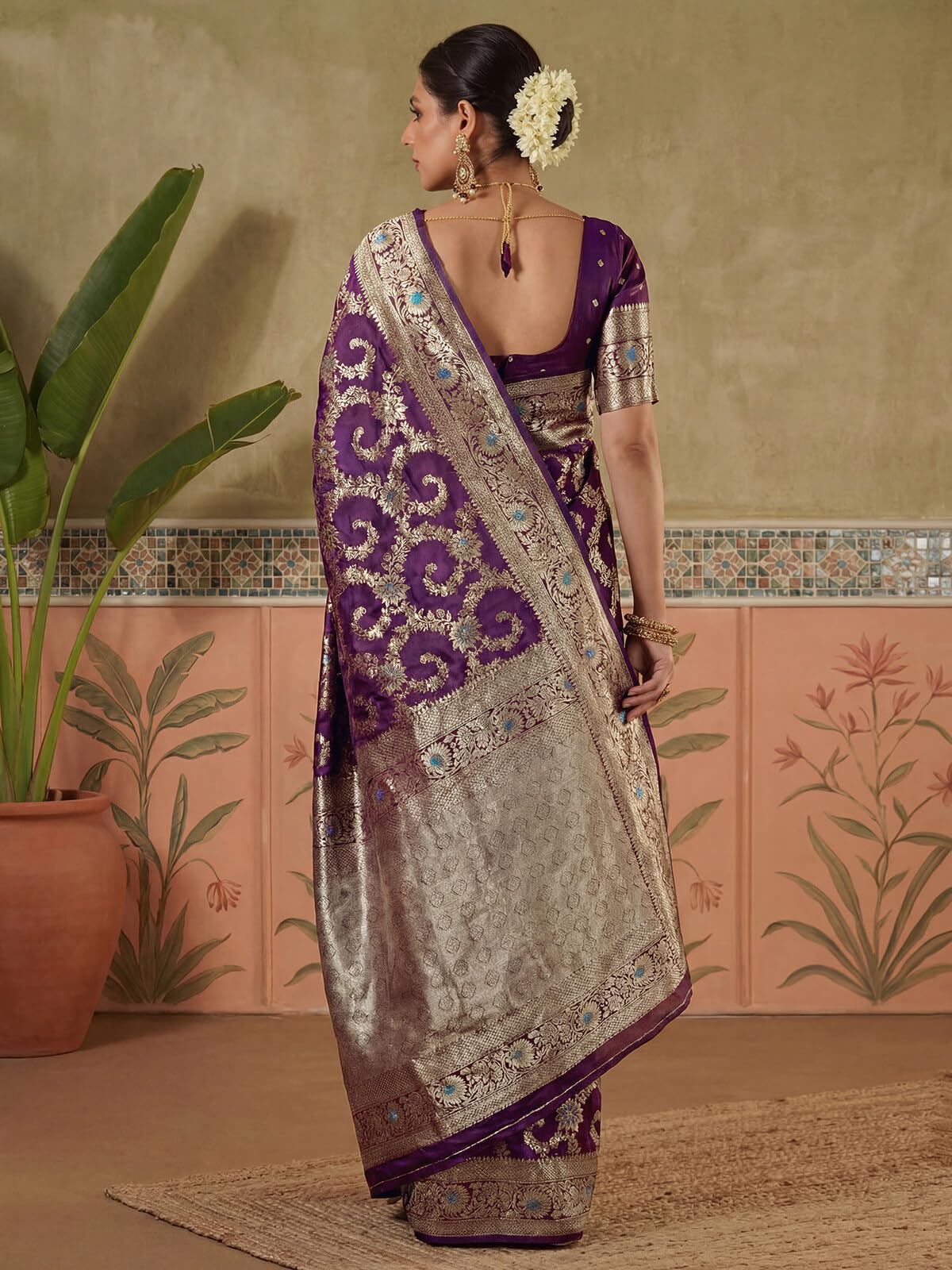SIRIL Women's Silk Jacquard Banarasi Saree with Unstitched Blouse Piece (4498S753AA_Dark Violet)