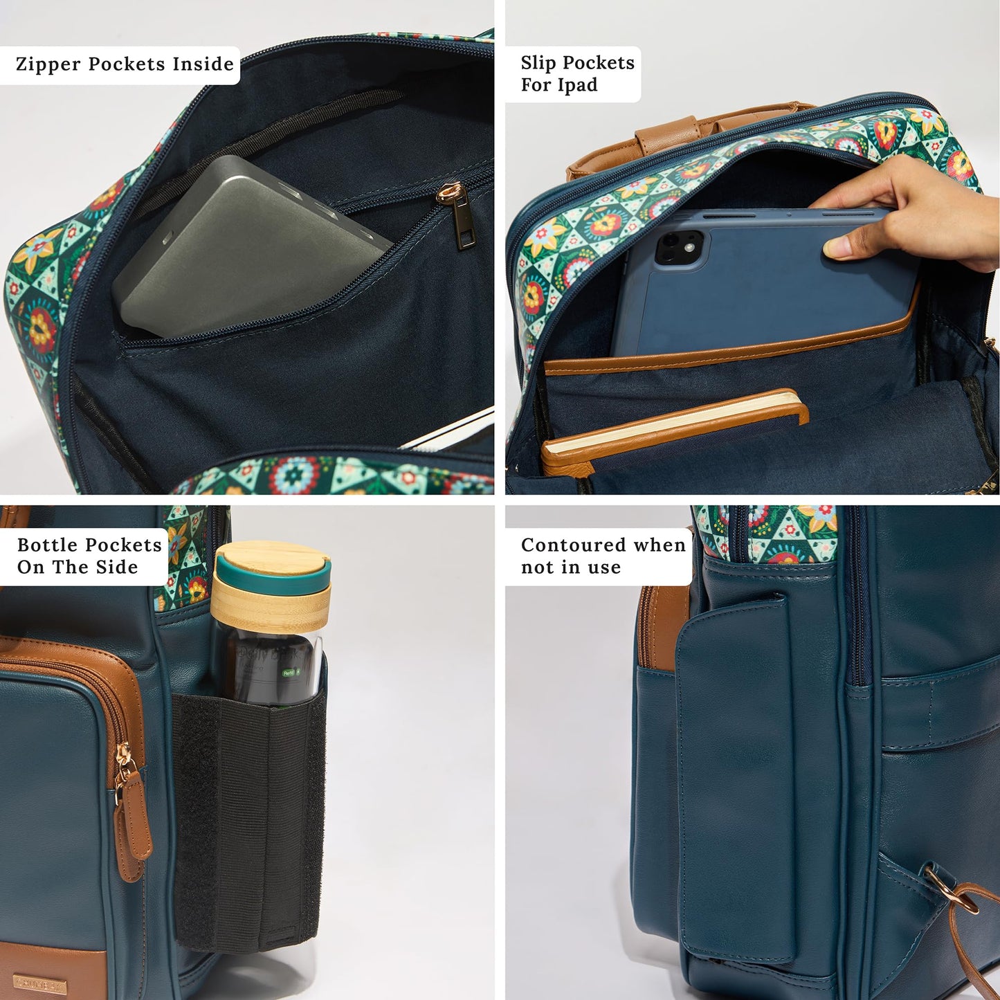 Chumbak Bombay Backpack for Women, Navy Floral PU Leather, Digital Nomad Collection, Trendy and Functional Backpack with Zipper, Ideal for Daily Commute and Travel