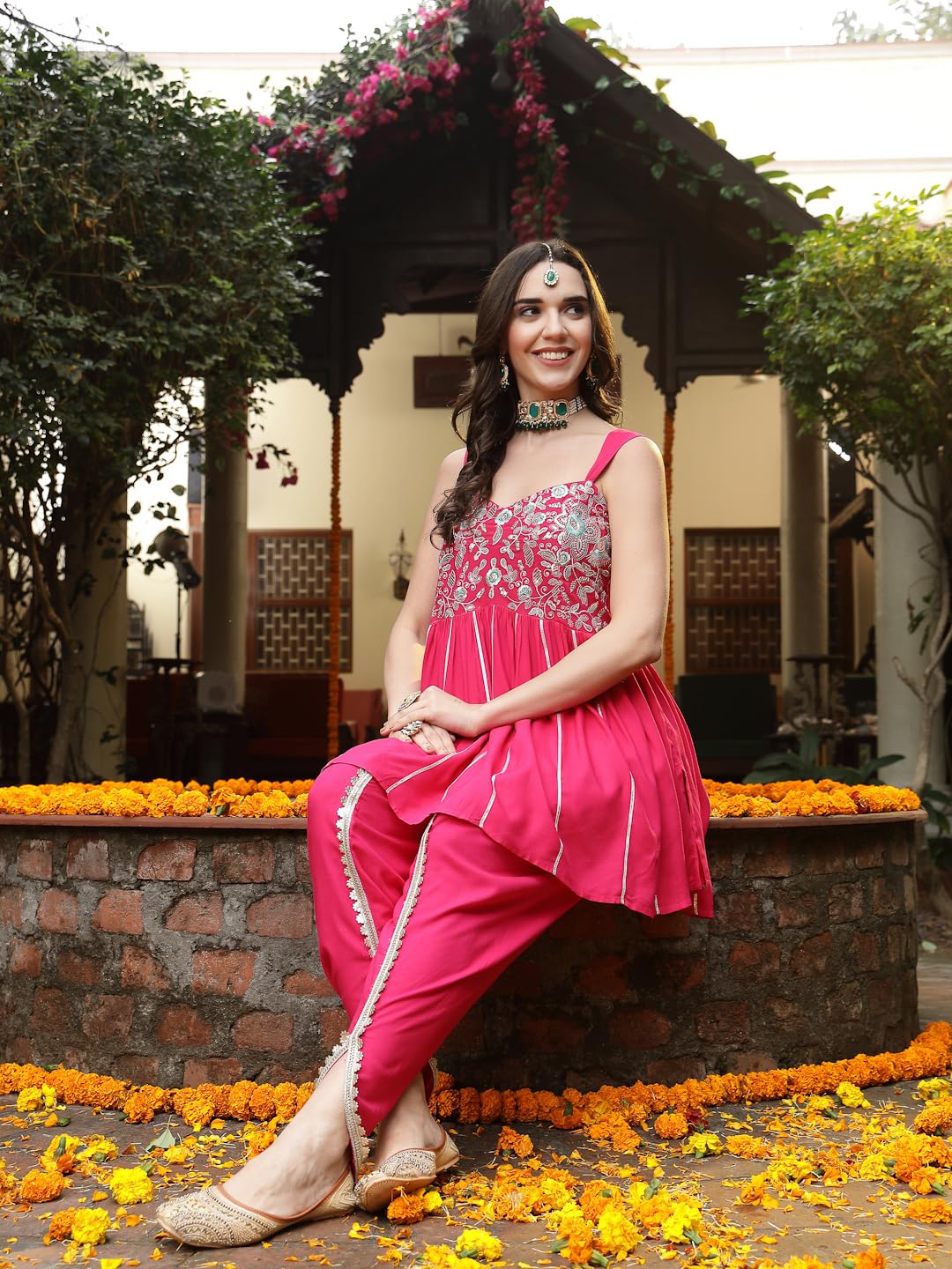 Stylum Women's Solid & Embroidered Rayon A-Line Kurti Dhoti Pant Set