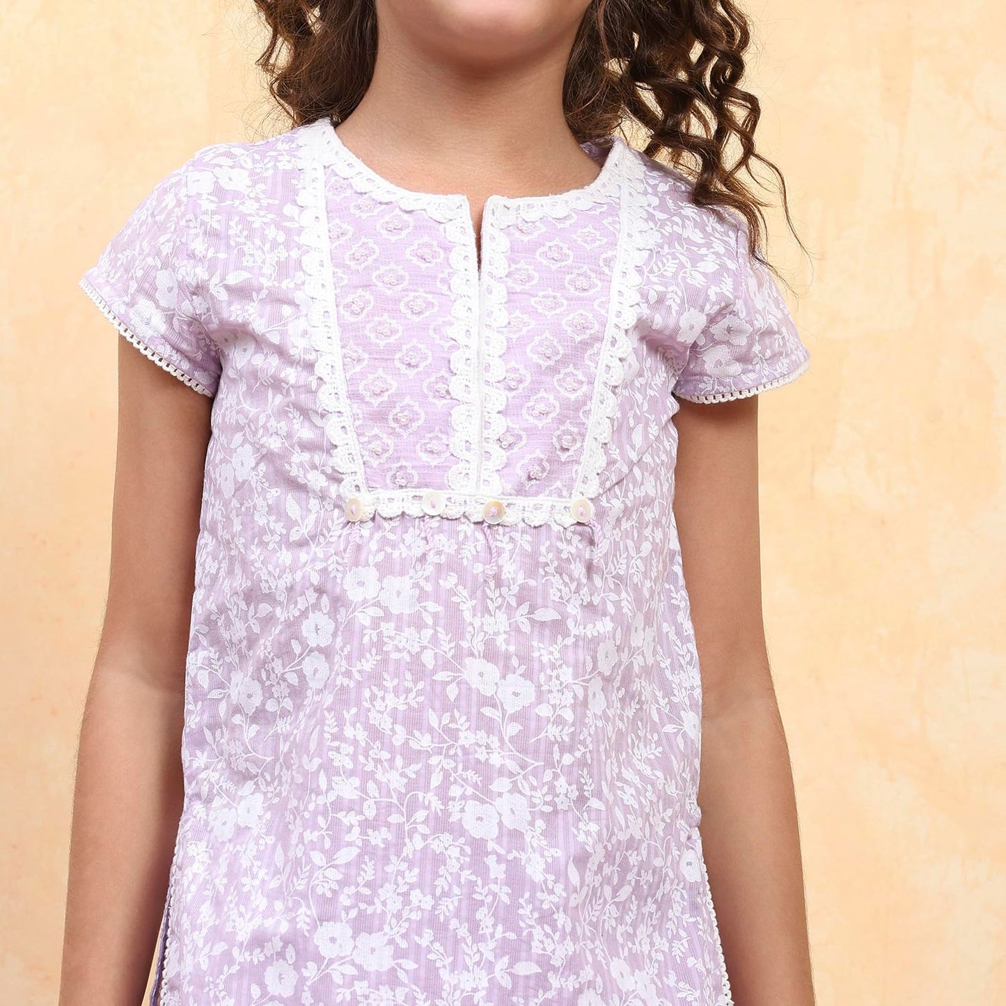 Biba Girl's Lavender Cotton Straight Printed Kurta Pants Set