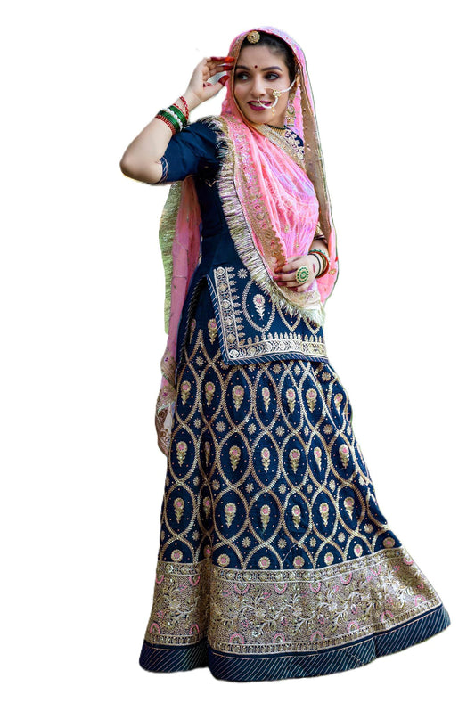 SHYAMLATA Women's Traditional Sequins And Zari Embroidered Rajasthani and Gujarati Lehenga Choli (Light Blue)