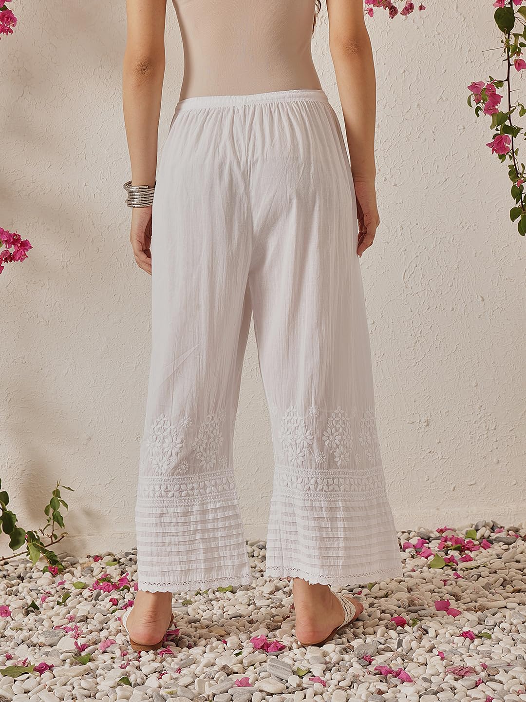 Ada Lucknow Chikankari Hand Embroidered Ethnic Wear White Cotton Palazzo Pant for Women A711170 (L, White)