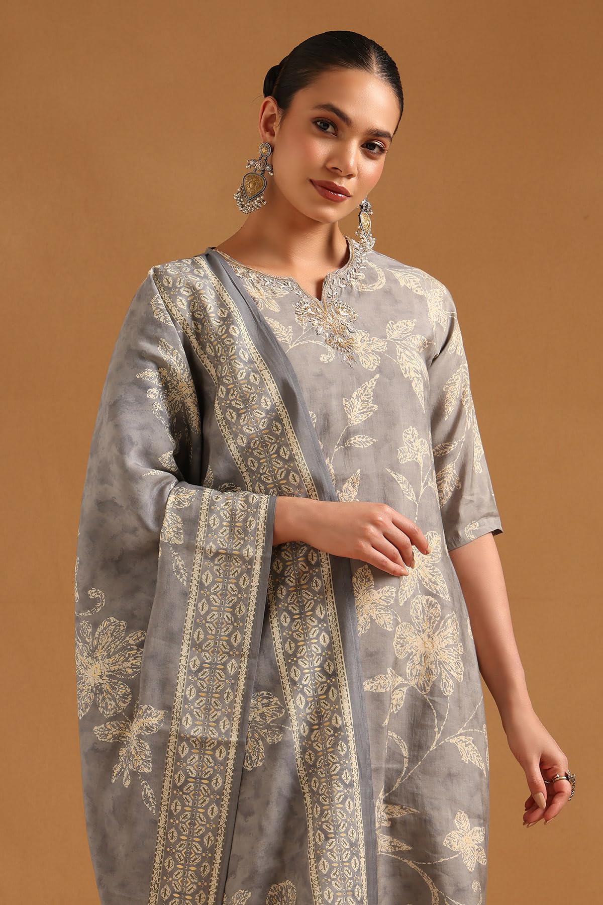 Soch Womens Grey Polyester Botanical Salwar Suit With Beads