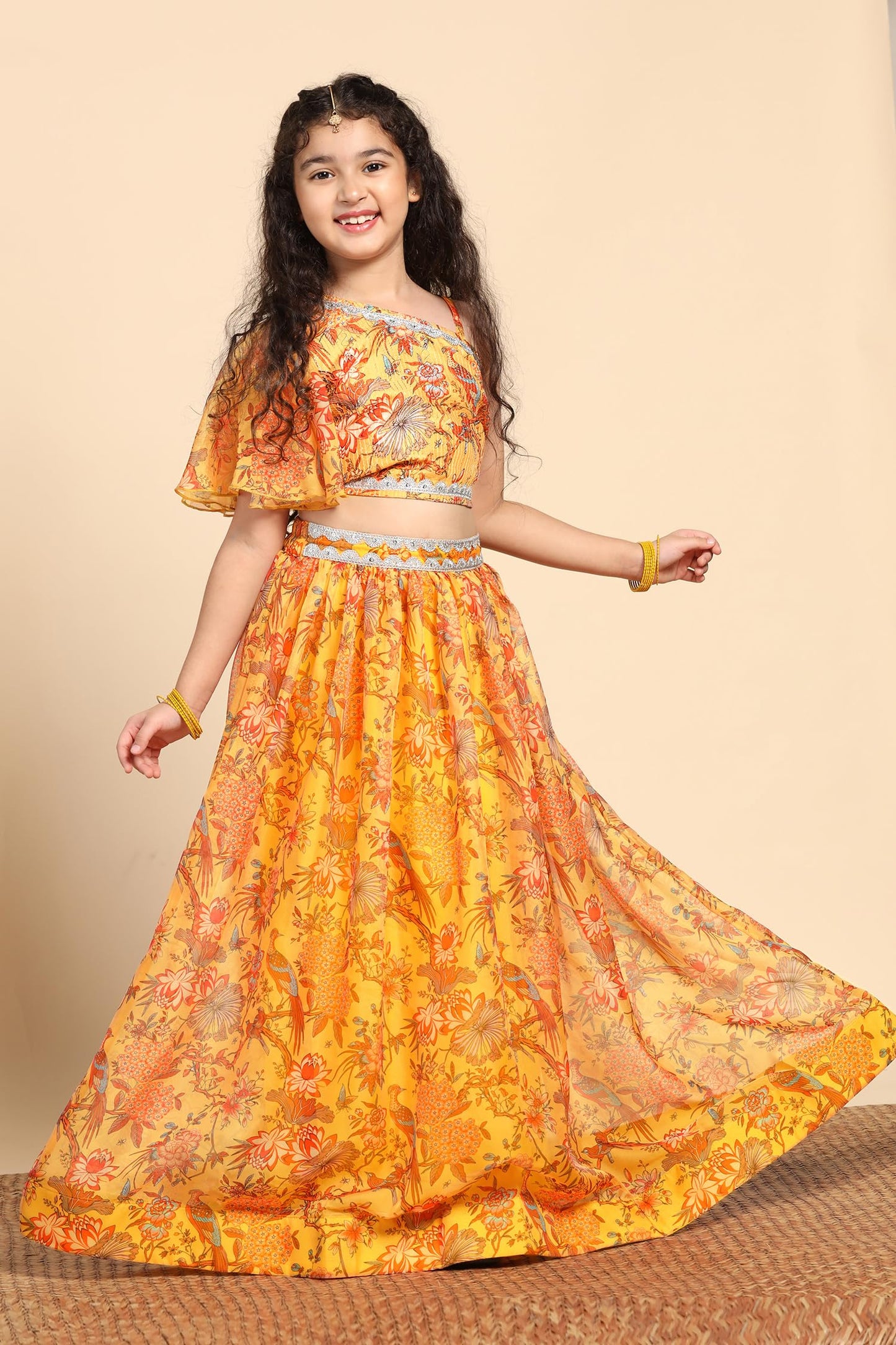 Jwalin Girl's Silk Blend Readymade Lehenga Choli Set |Lehenga Choli For Girls|Ethnic Wear|Kids Lehenga (JWGLGC00144 YLW 24_Yellow_5-6 Yrs)