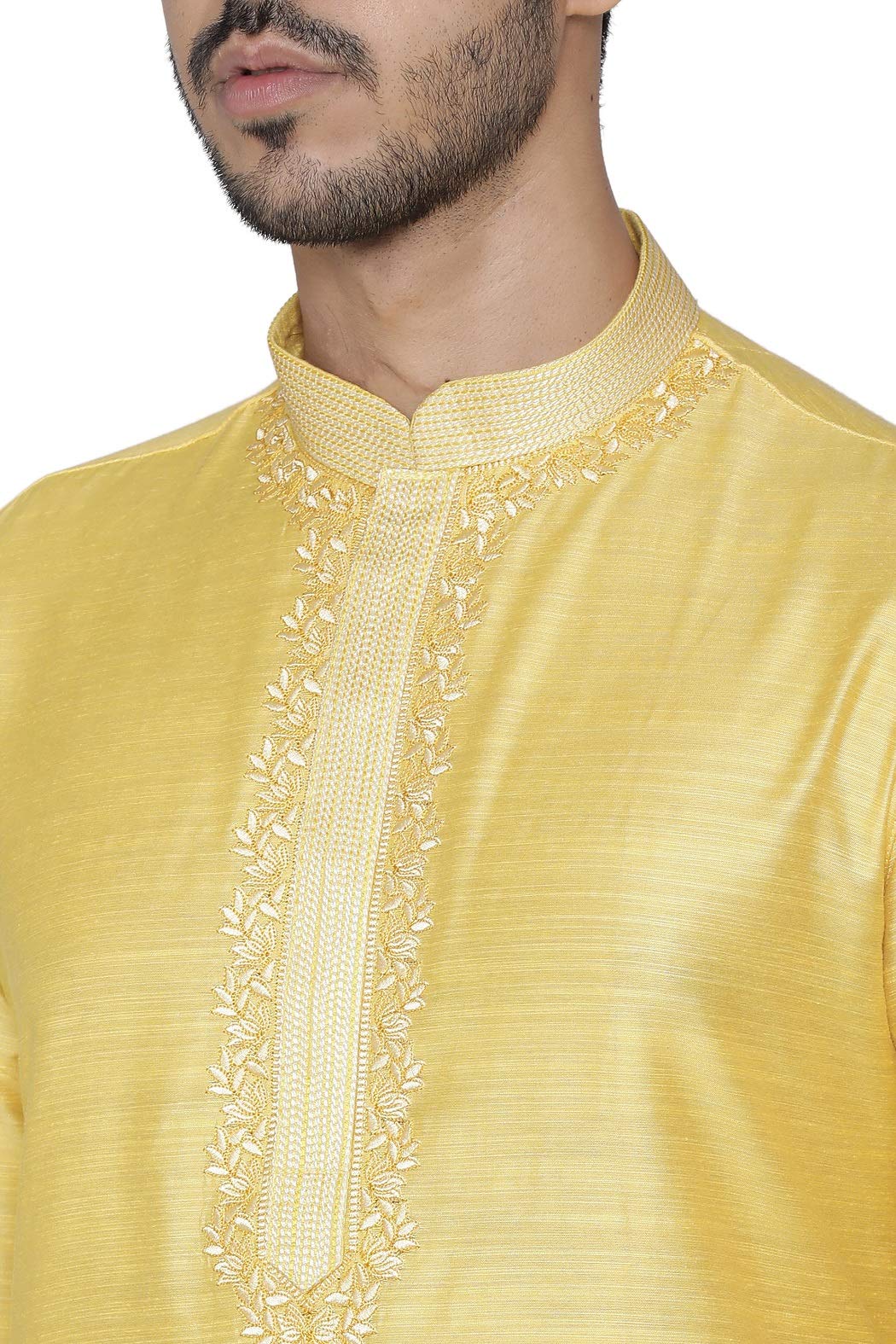 Manyavar Self Design Knee Long Full Sleeves Kurta and Churidar Set For Men - (Yellow, X-Large)