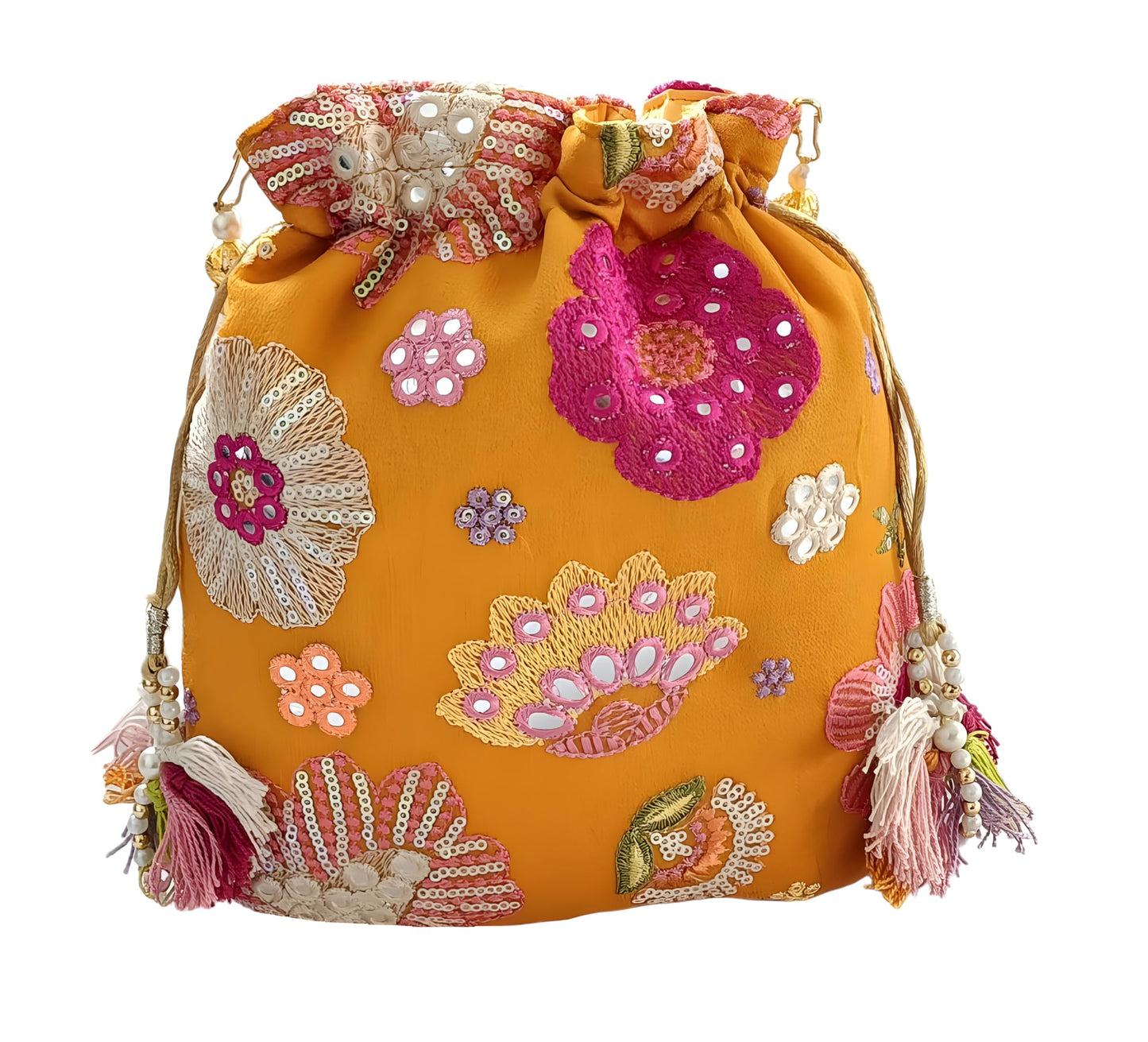 DUCHESS Women's Embroidered Polti Bag with Pearl Handle and Tassel - Bridal Ethnic Traditional Casual Purse/Clutch/Handbag, (21 L X 2 W X 23 H C, Mustard Yellow)