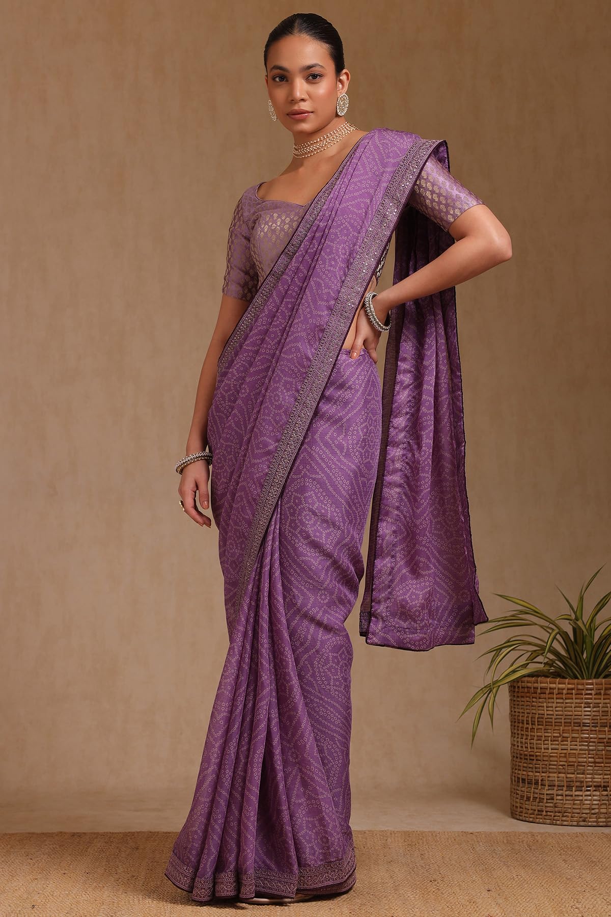 Soch Womens Lavender Chiffon Bandhani Print Saree