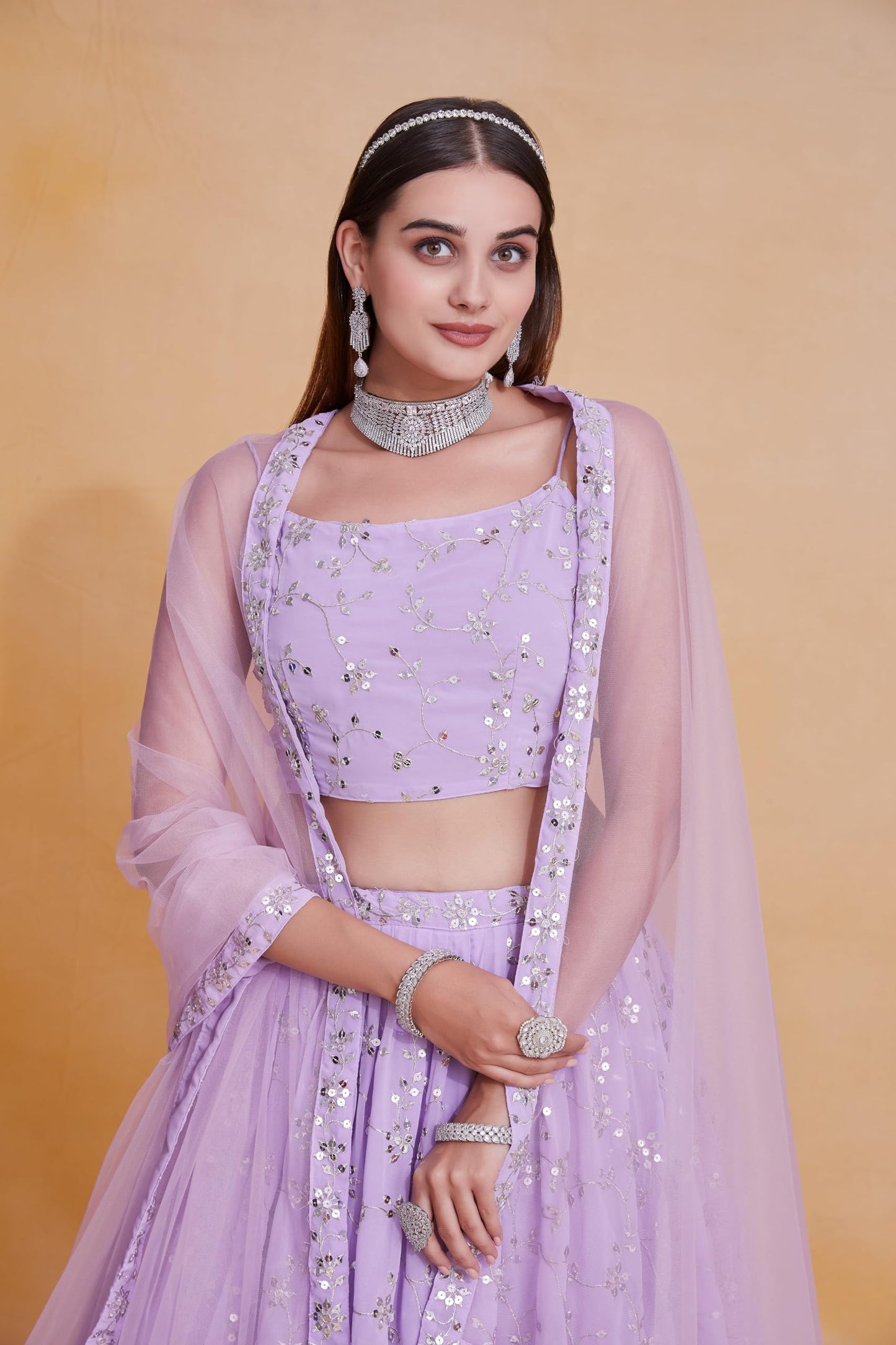JIHU CULTURE Women Georgette Semi Stitched Lavender Embroidery Lehenga Choli Semi-Sttiched Lengha Choli With Dupatta, 3.5