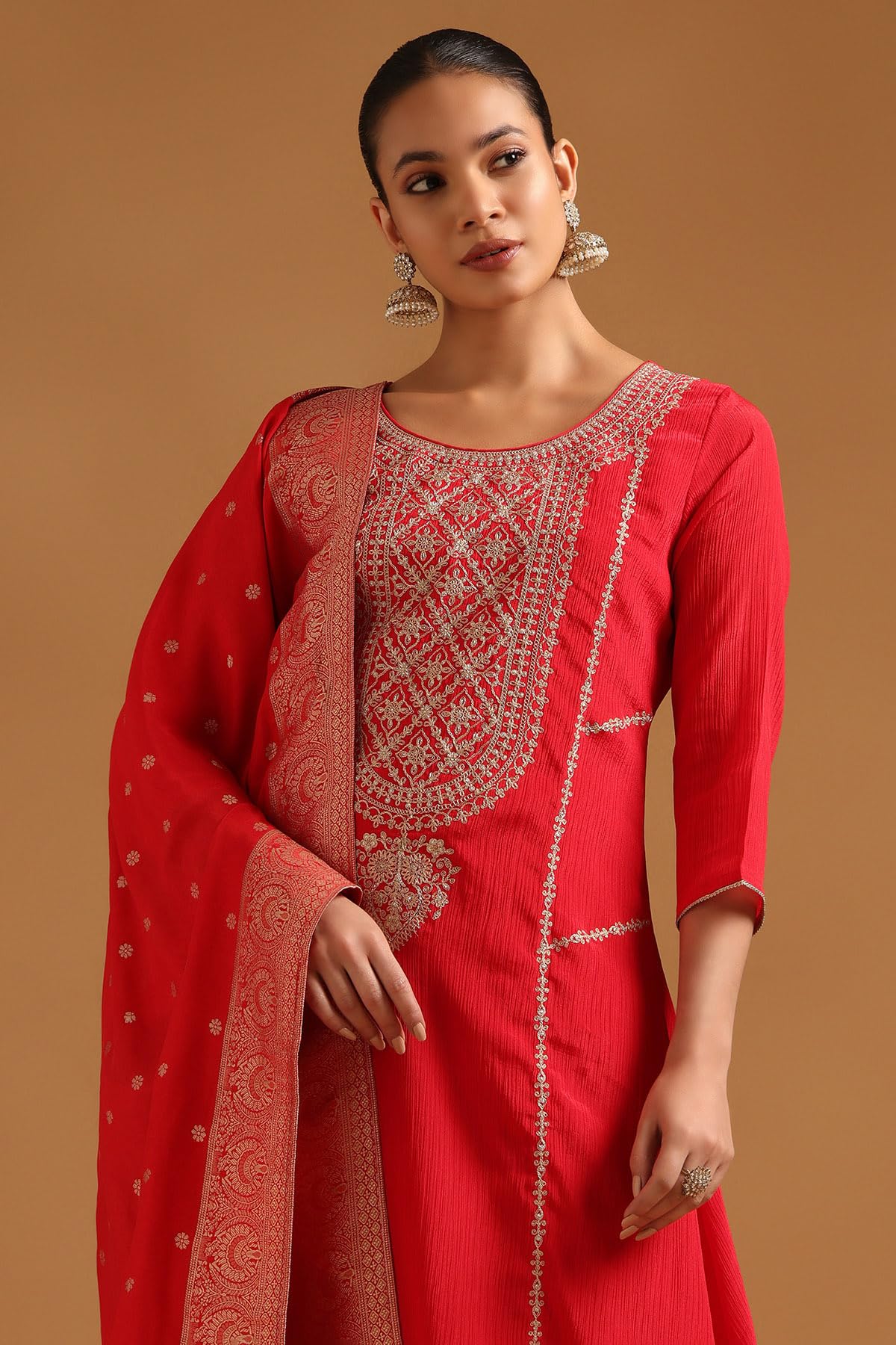 Soch Womens Red Viscose Blend Ethnic Motifs Salwar Suit With Zari