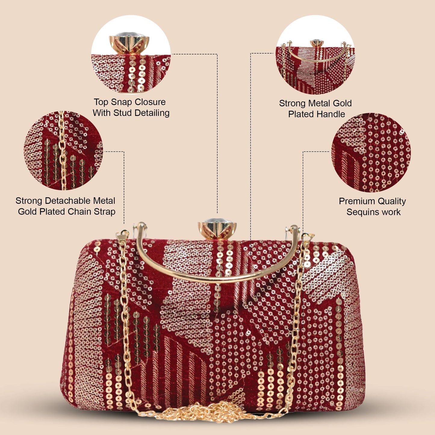 Artklim Sequins Embroidery Velvet Party Clutch Bag For Women | Wedding Clutch Purse With Detachable Chain Sling Strap, Maroon