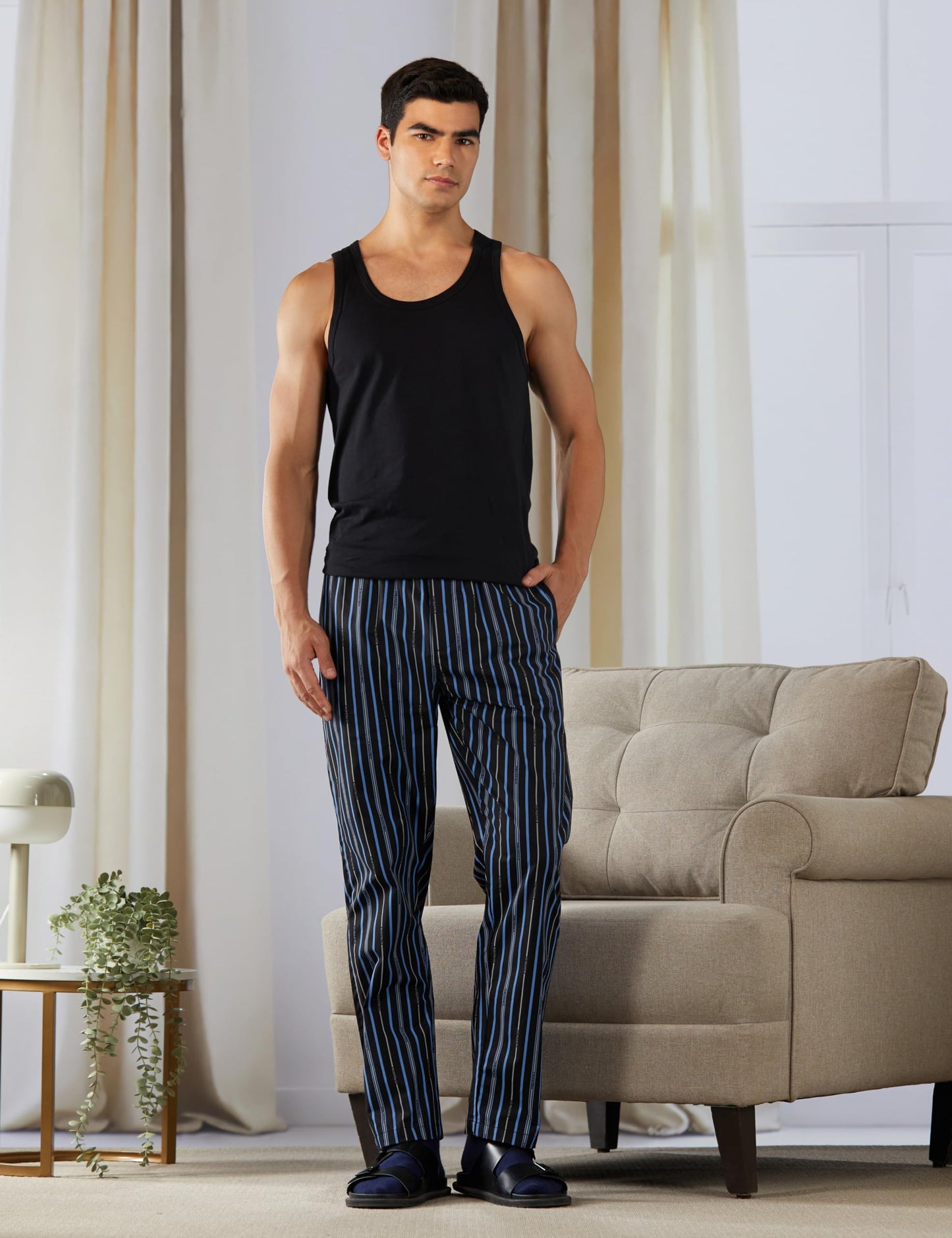 U.S. Polo Assn.. Men's IYAD Printed Mid Rise Cotton Lounge Pants(IYAD-PR_BLACK-USPOLOASSN STRIPE_L)