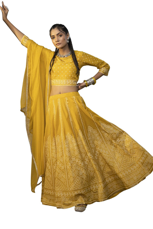 Juniper Women's Mustard Santoon Slub Festive Printed Crop Lehenga Choli Dupatta Set-XXL
