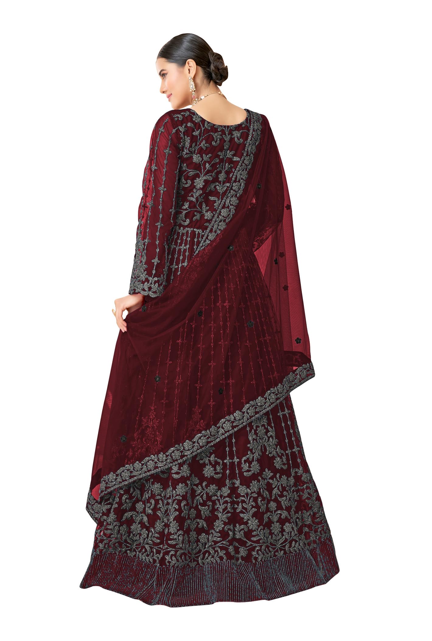 RUDRAPRAYAG Net and Santoon Long Anarkali Gown for Women | Semi Stitched Anarkali Gown for Women | Gown in Clothing & Accessories Maroon