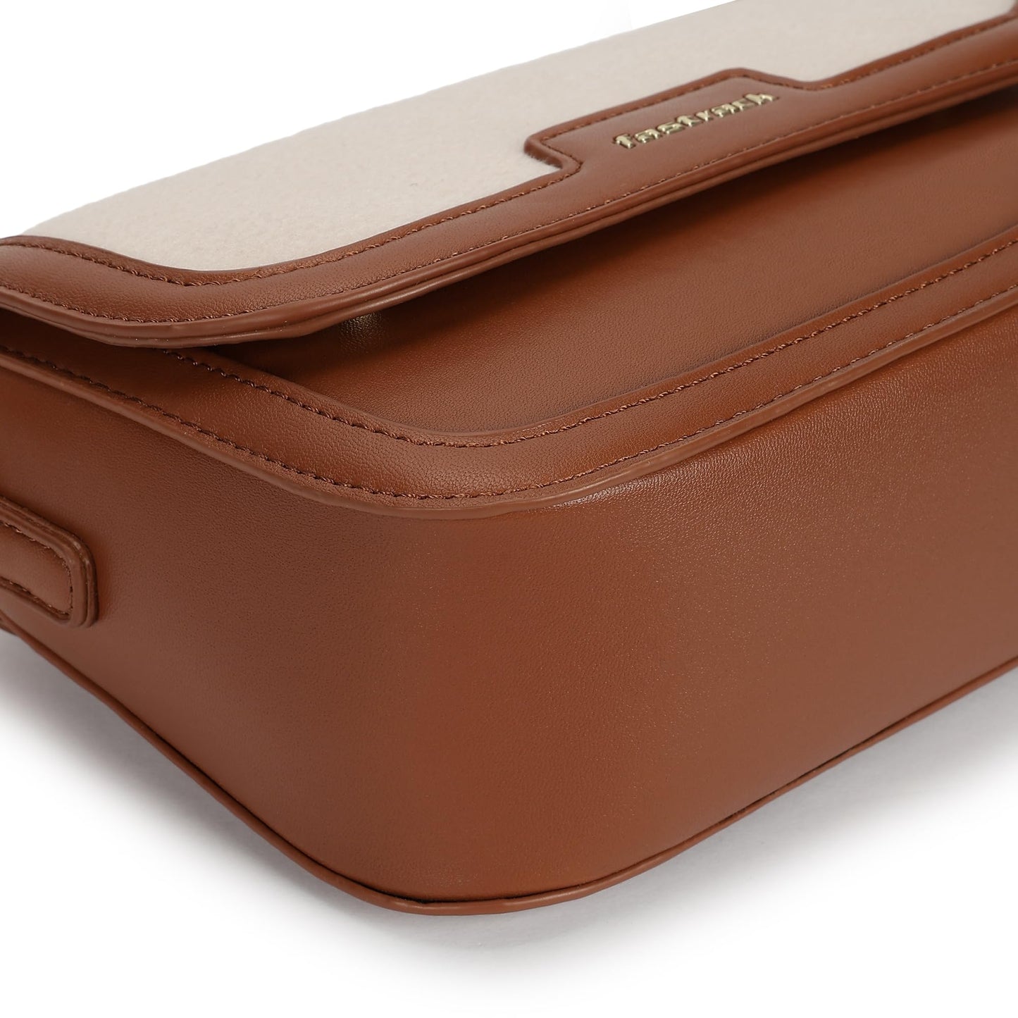 Fastrack Sherpa-Panel Sling Bag for Women | Faux Leather Crossbody with Zipper Closure, Gold Hardware and Detachable Strap | Compact Textured Bag for Casual and Evening Outfits