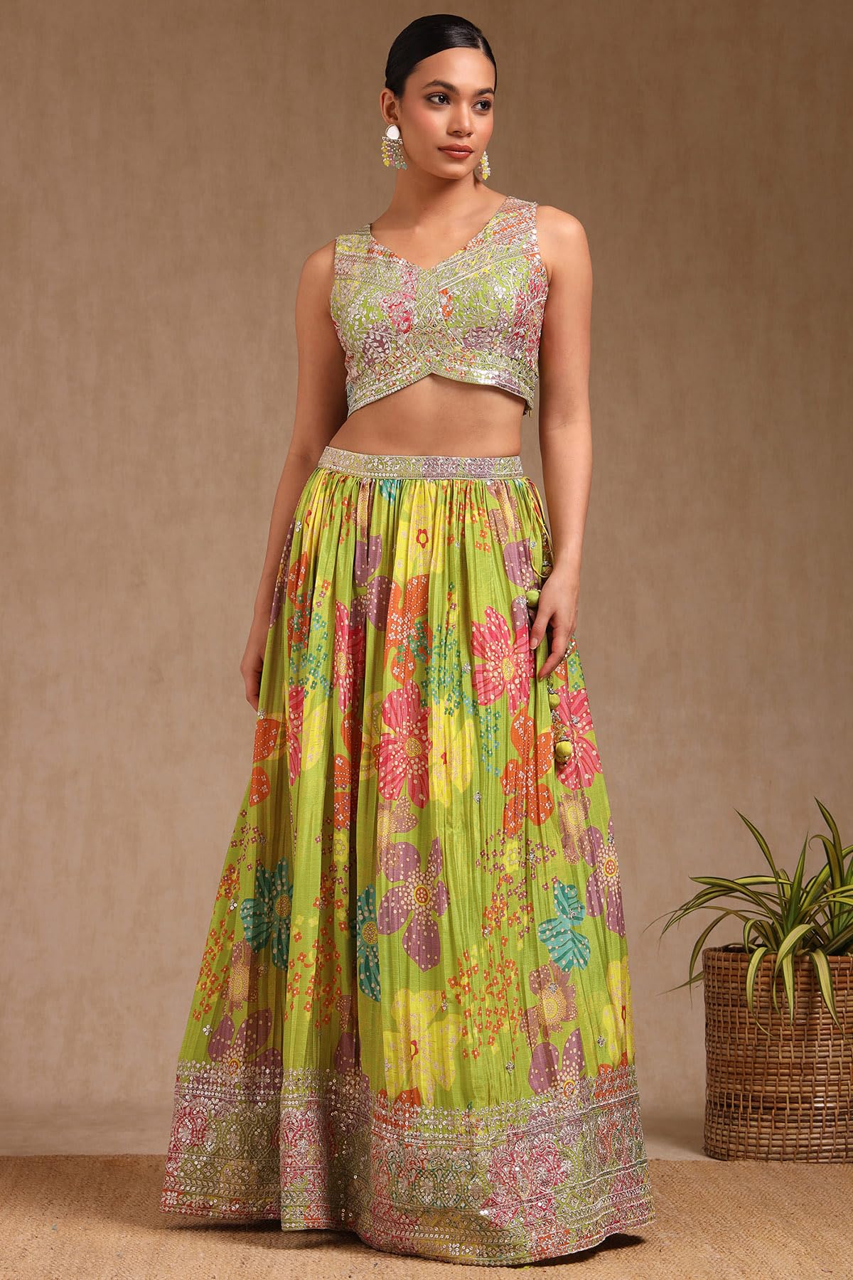 Soch Womens Light Green Chinon Blend Floral Print Lehenga Choli With Sequins