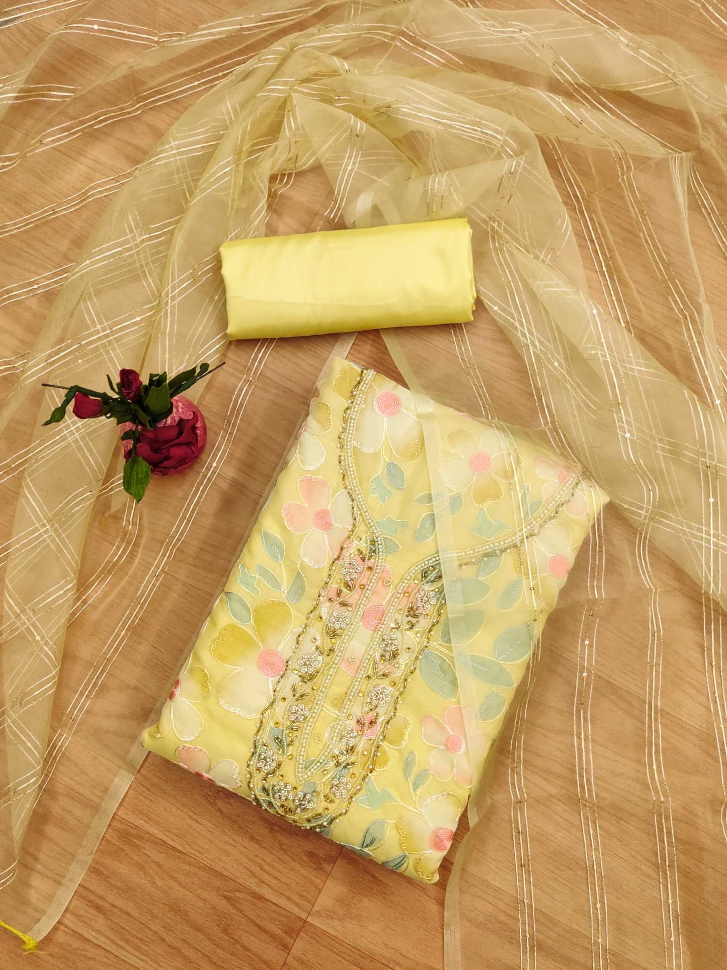 Pandadi Saree Women's Tabby Organza Position Printed Dress Material (Yellow1)