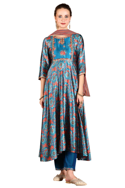 W for Woman Cerulean Blue Floral Printed Japanese Satin Kurta, Pants and Dupatta Set (Size: S)-24AUWS11763-123276