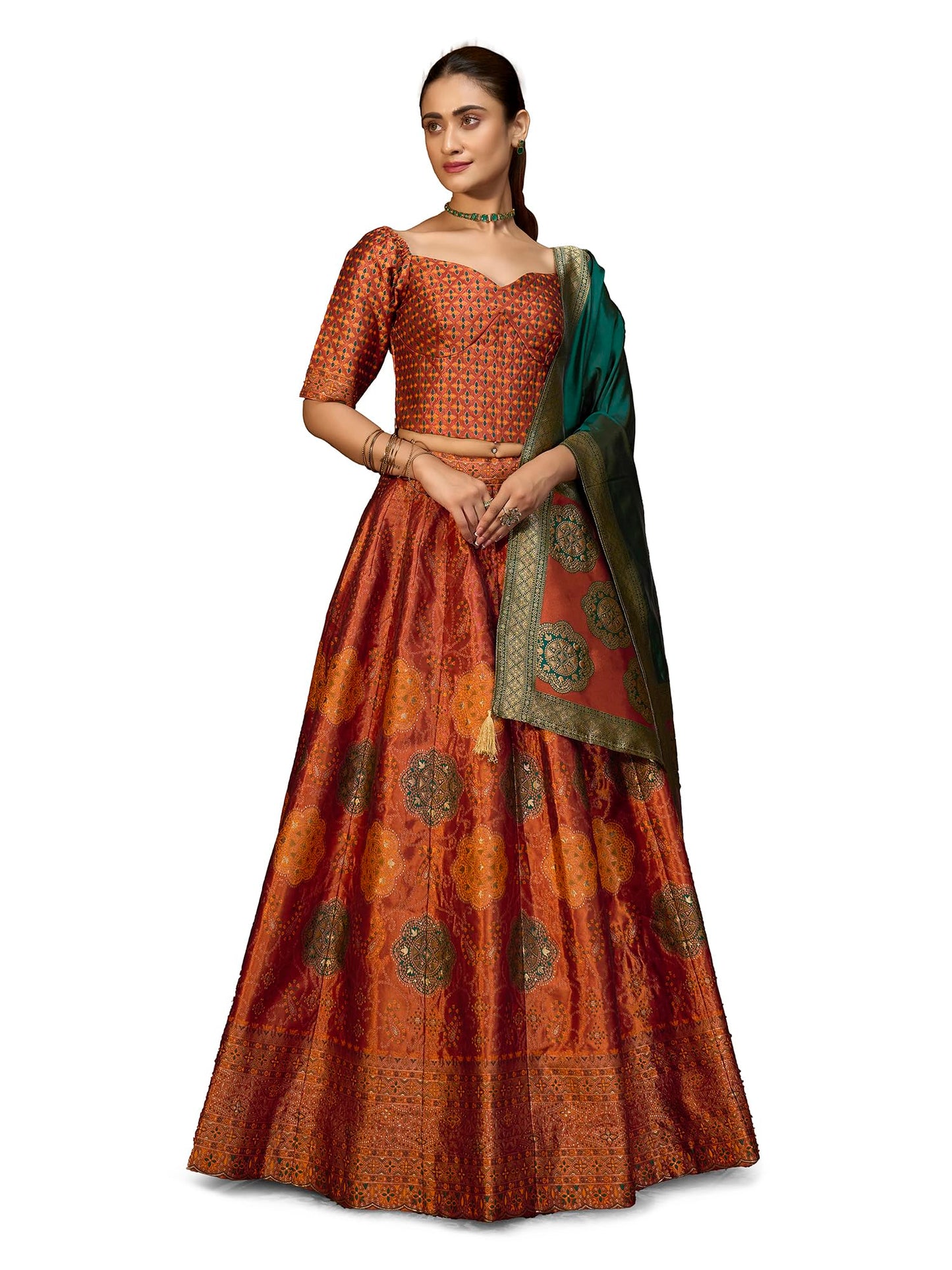 PURVAJA Women's Kanjiwaram Semi-Stitched Lehenga choli (Bahaar-Rust_Free Size)