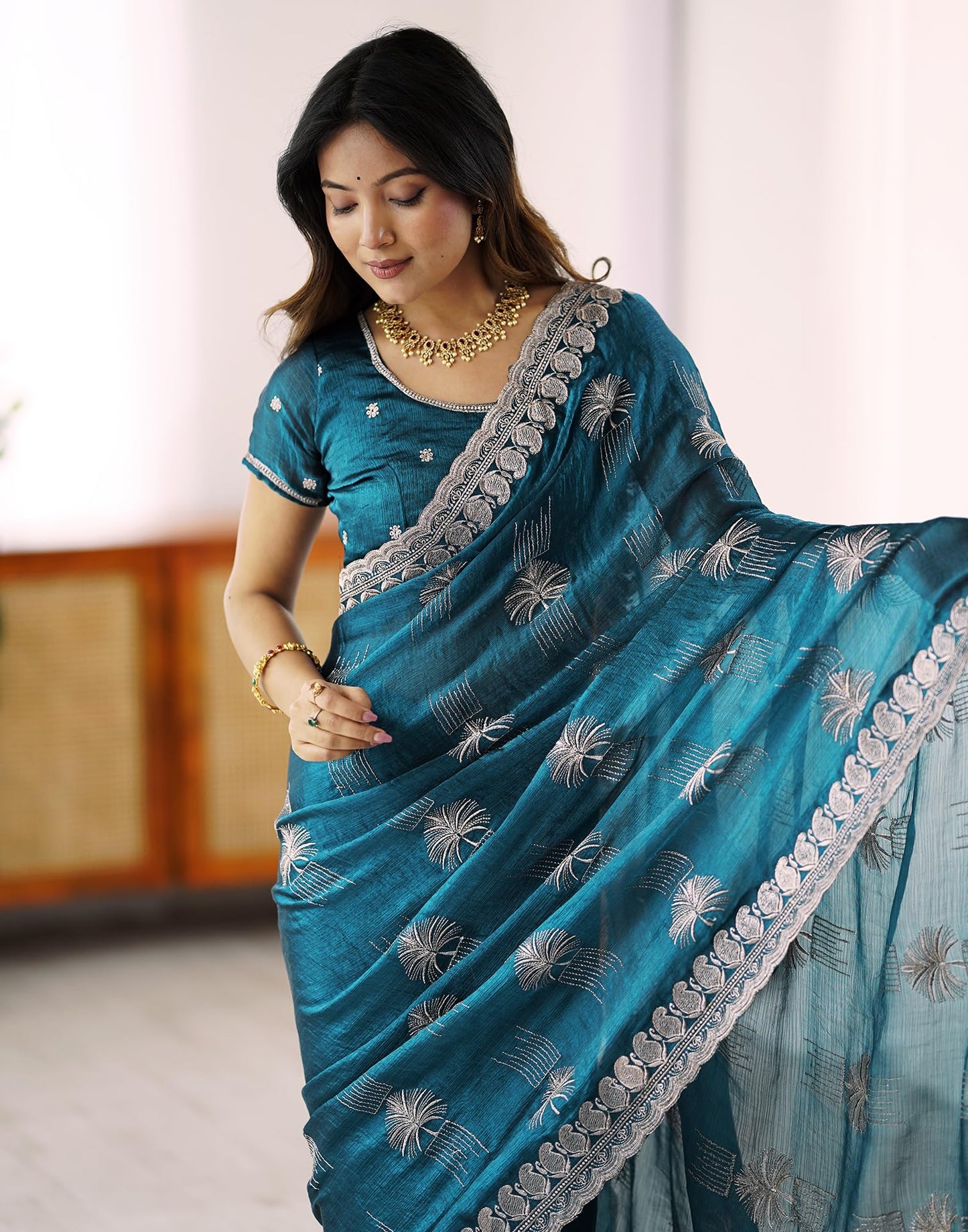 SIRIL Women's Simmer Chiffon Embroidery Saree With Unstitched Blouse Piece (4488S232_Teal Blue)