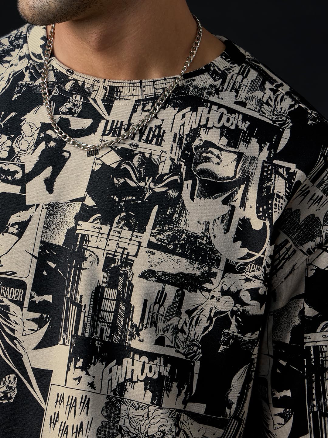 The Souled Store Batman: Gotham City Men and Boys Half Sleeves Round Neck Graphic Printed Cotton Lightweight All-Season Oversized T-Shirt Beige