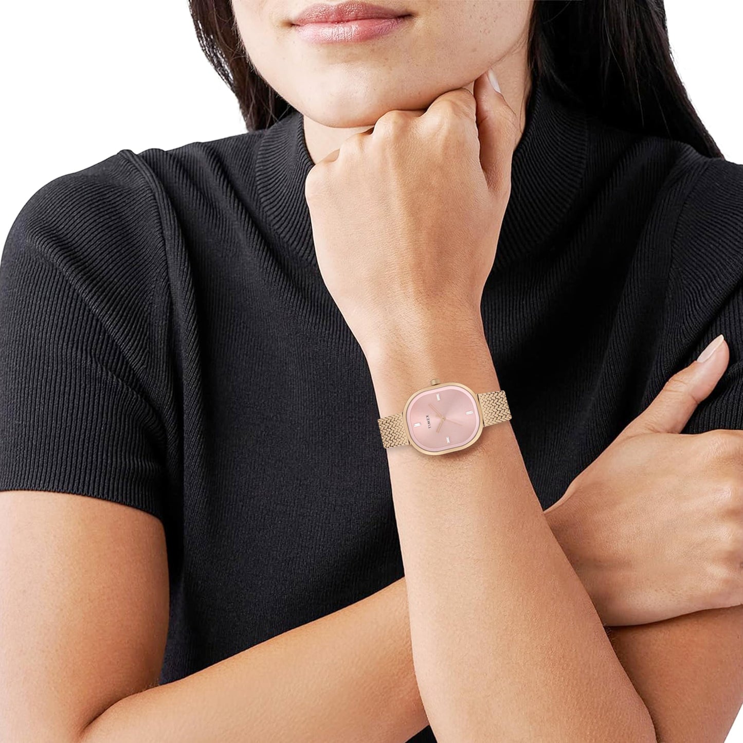 TIMEX Analog Watch for Women with Pink Square Dial & Rose Gold Stainless Steel Mesh Bracelet Band Water Resistant Women's Wrist Watches - TWEL20503