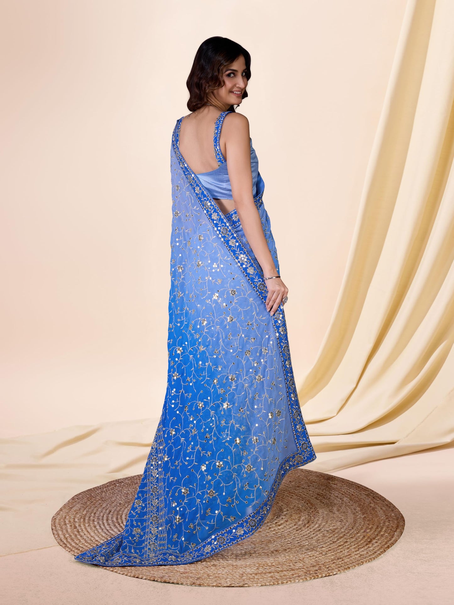 TRENDMALLS Women's Georgette Sequin Embroidery work Saree with Unstitch Blouse Piece (K963-Skyblue)