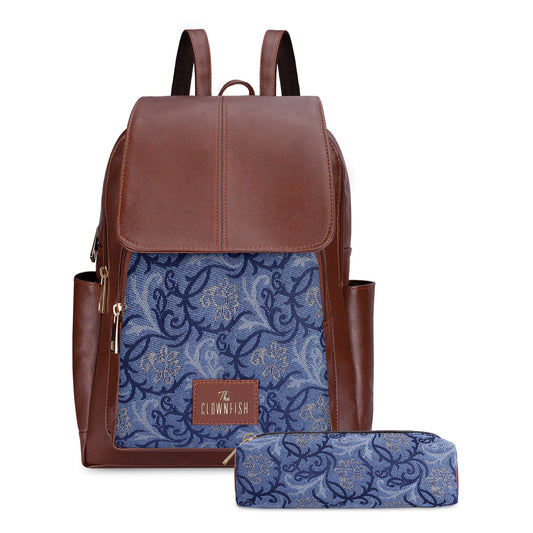 THE CLOWNFISH Combo Of Minerva Faux Leather & Tapestry Women's Backpack College School Girls Bag Casual Travel Backpack For Ladies & Expert Series Pencil Pouch Pen Case (Blue-Floral), 10 Litres
