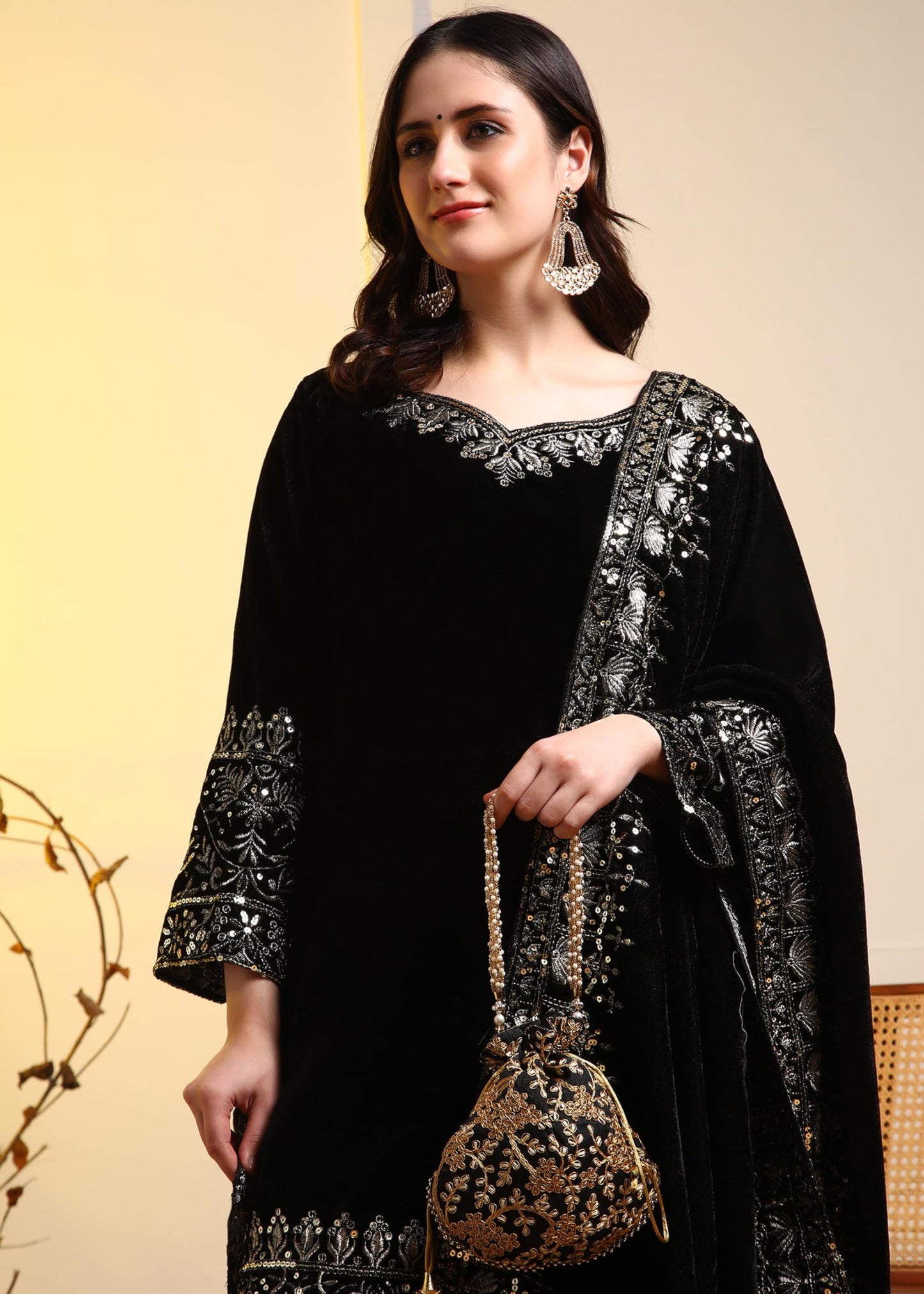 Brulry Women's Black Embroidered Velvet Kurta with Sharara & With Dupatta