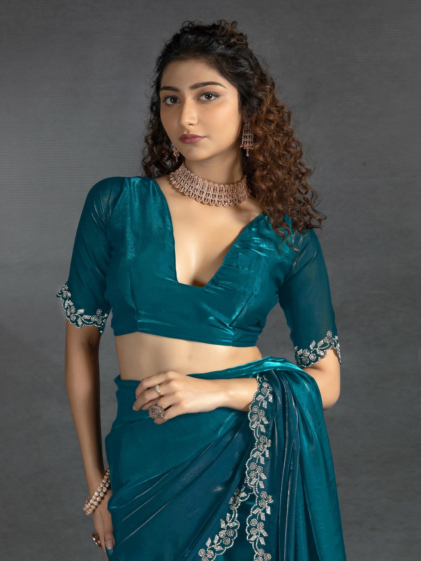 TRENDMALLS Women's Satin Zarkan Work Saree with Unstitched Blouse Piece (K1246-Morpeach)