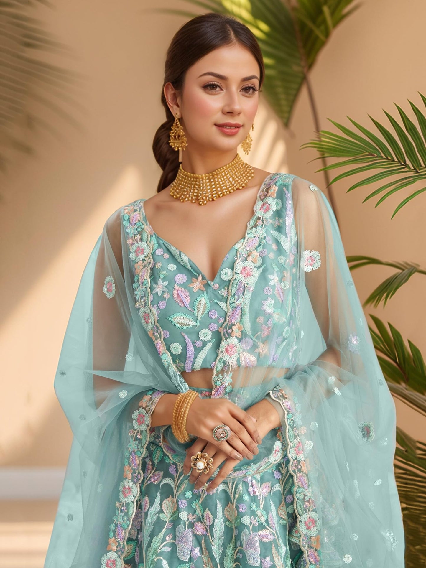 Zeel Clothing Women's Sequins Embroidered Work Soft Net Lehenga Choli With Dupatta (6020-Women-Lehenga-Choli-Latest; Free size) (White) (SkyBlue)